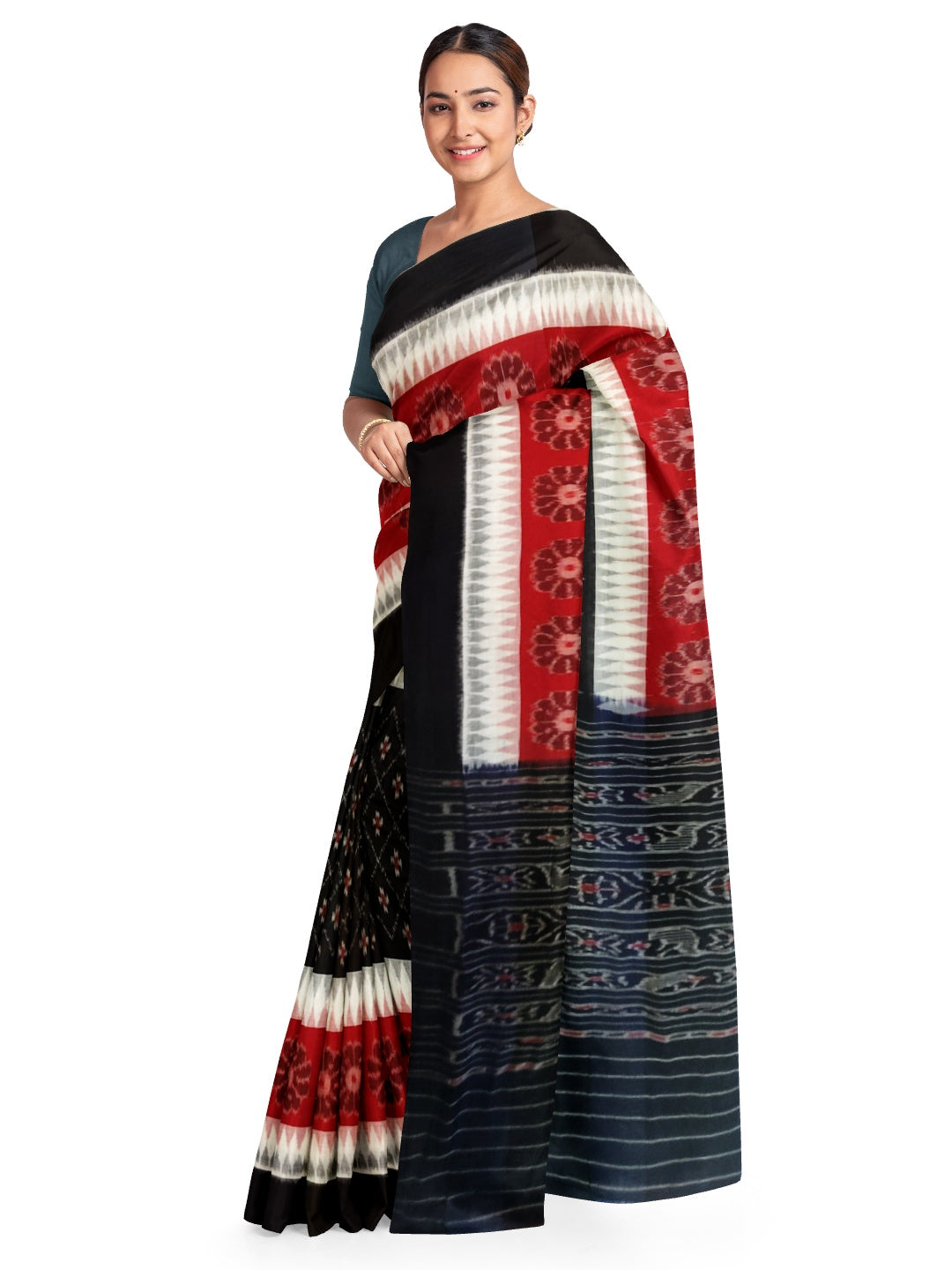 Black with white and red Cotton Odisha Ikat saree