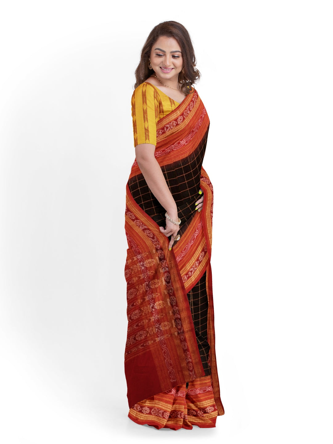 Black-Red Sambalpuri Ikat Sachipar Cotton Saree with matching Sambalpuri ikat cotton blouse piece