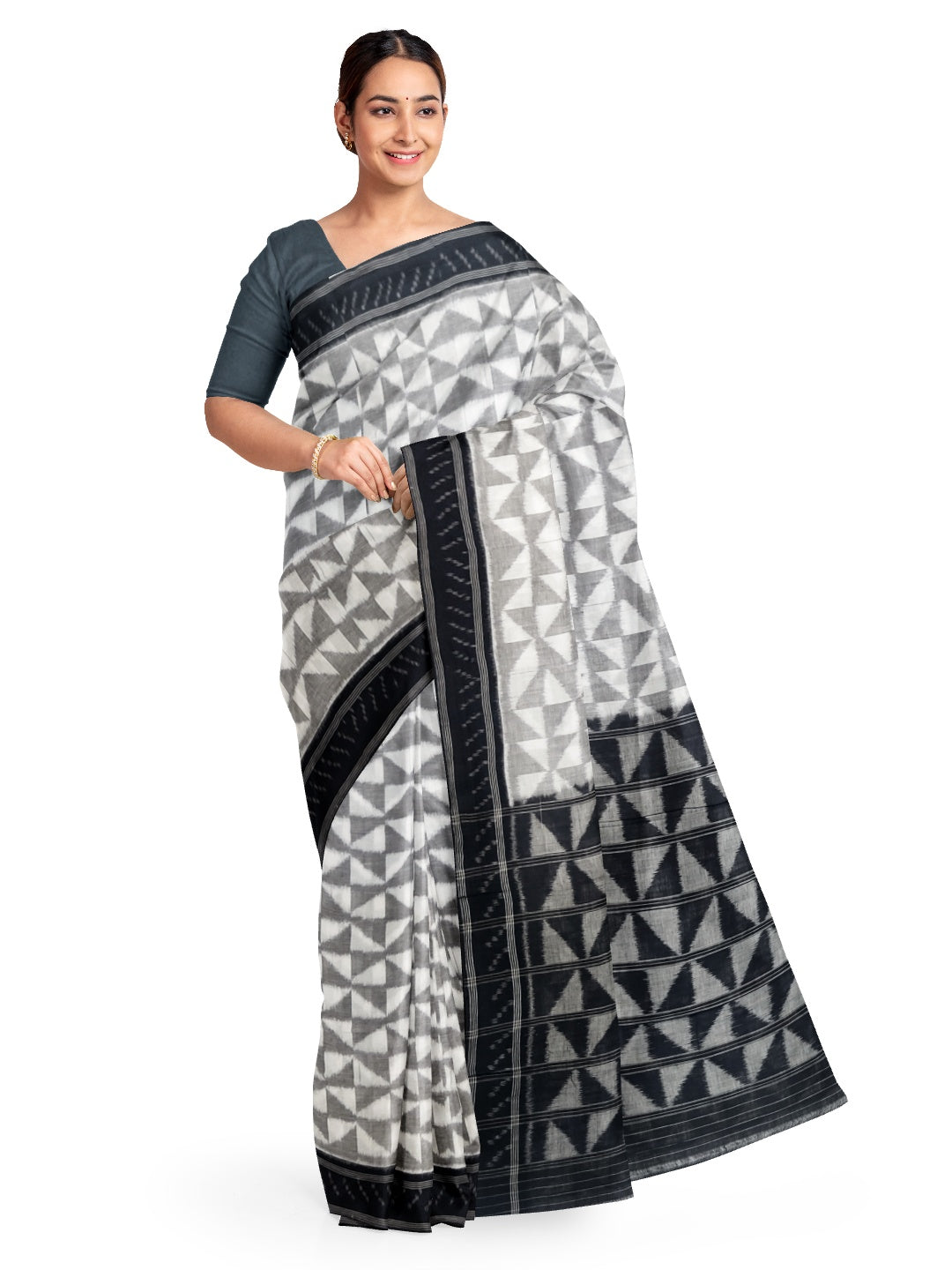White and black Odisha ikat saree with geometric pattern woven motifs