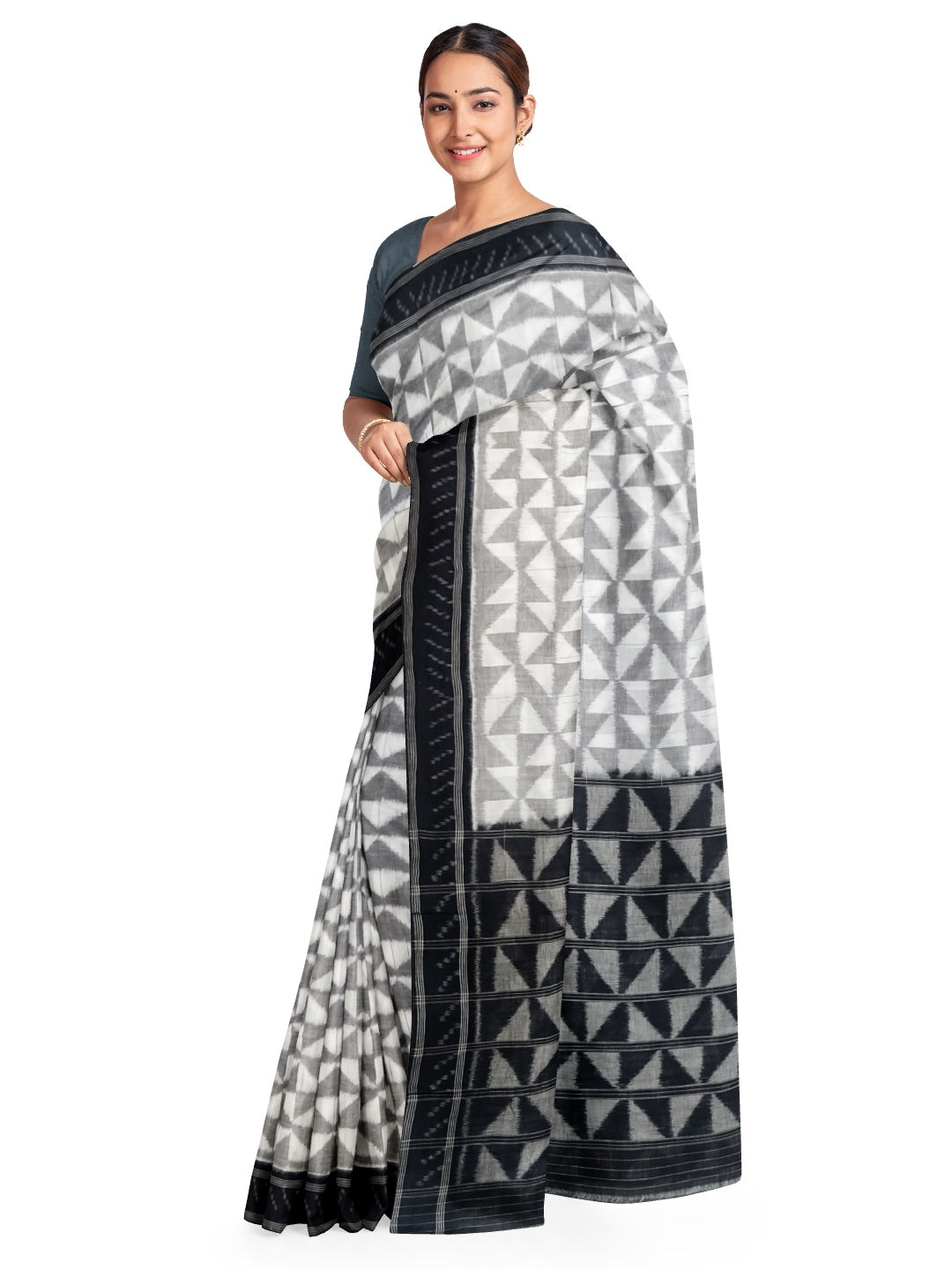 White and black Odisha ikat saree with geometric pattern woven motifs