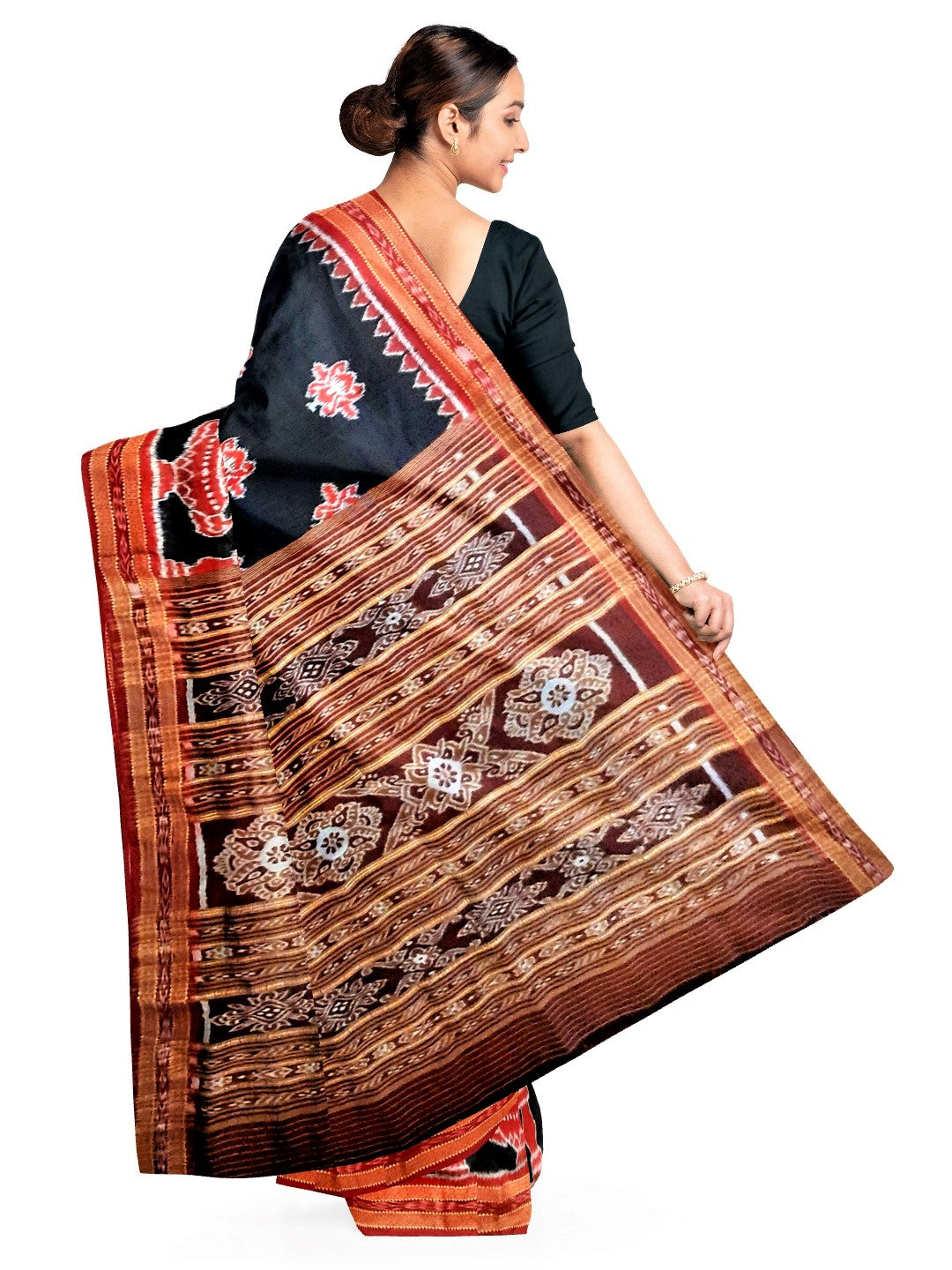 Black and Red Khandua Silk Saree with wide border