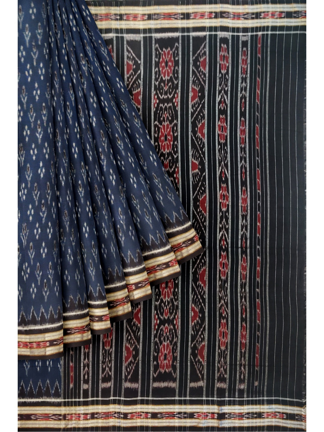 Blue and black Cotton Odisha Ikat saree with sambalpuri ikat blouse piece