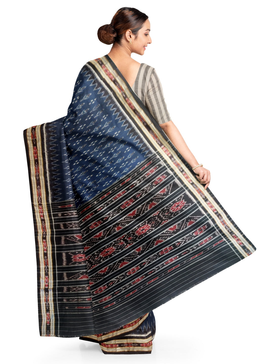 Blue and black Cotton Odisha Ikat saree with sambalpuri ikat blouse piece