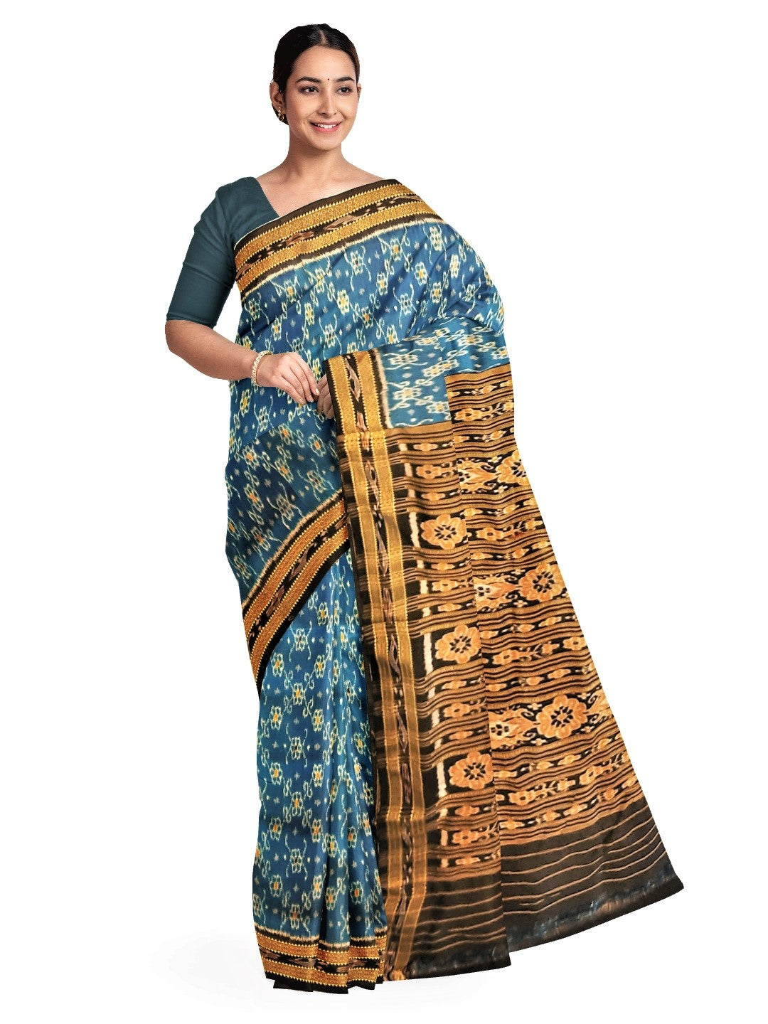 Blue and Black Khandua Silk Saree with woven motifs