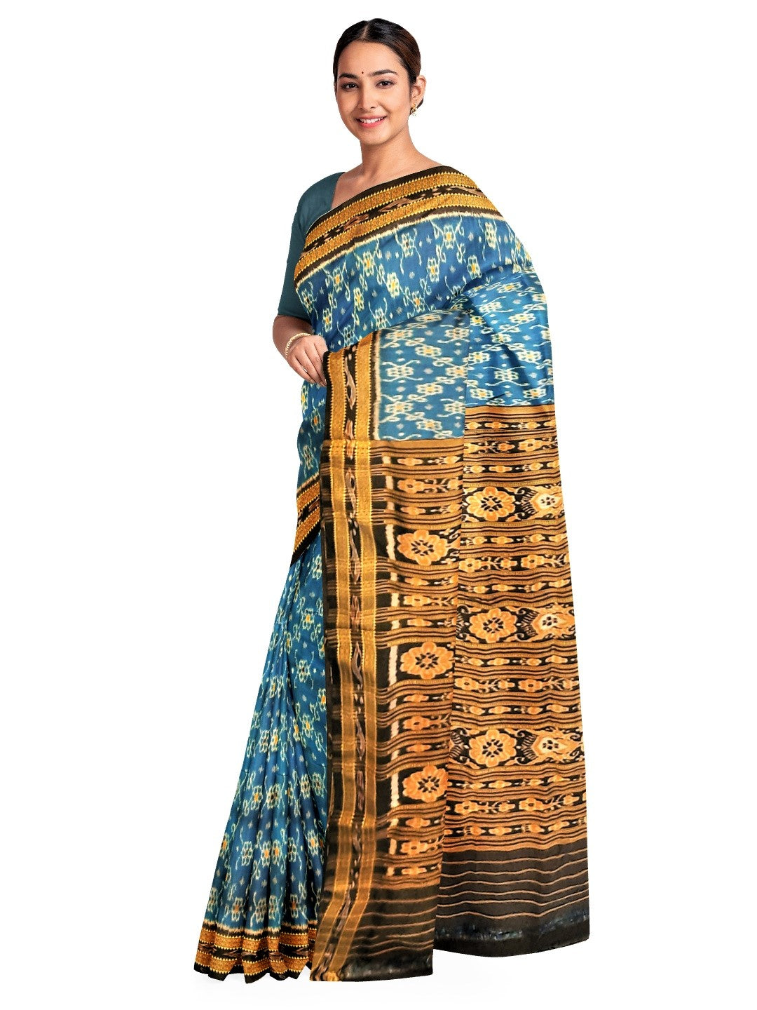 Blue and Black Khandua Silk Saree with woven motifs