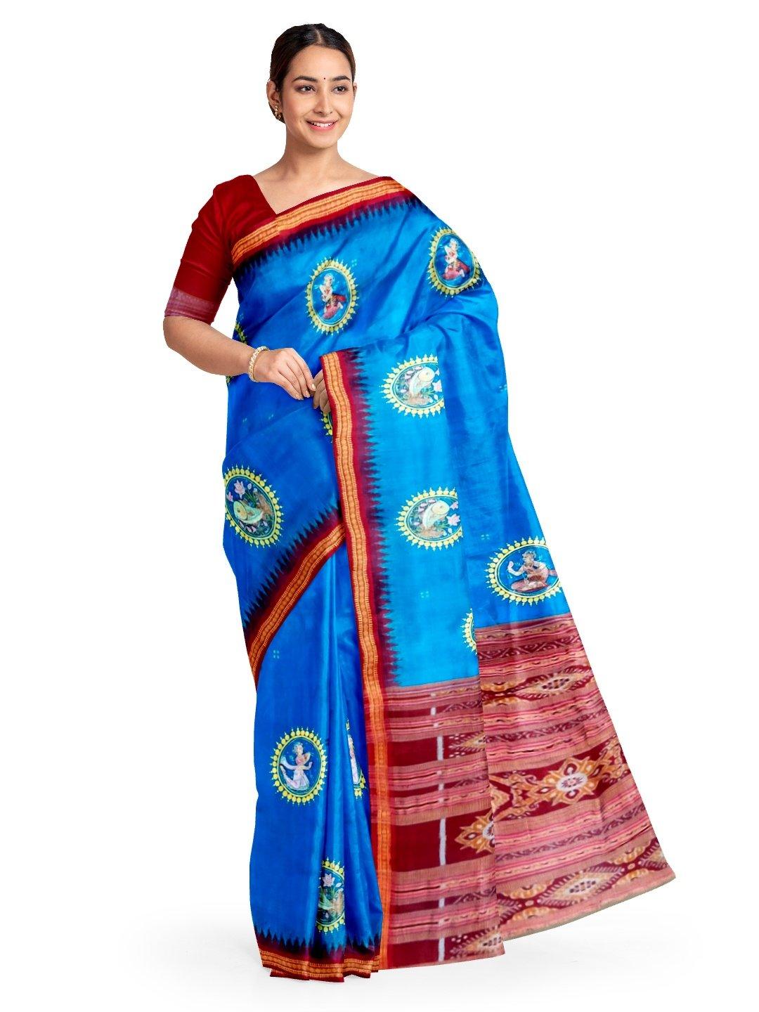 Blue Khandua Silk Saree with handpainted Pattachitra motifs - Crafts Collection