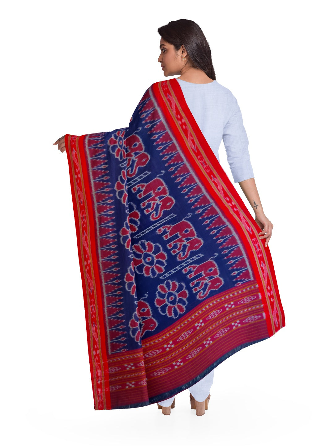 Blue Cotton ikat Dupatta with elephant and flower motifs woven