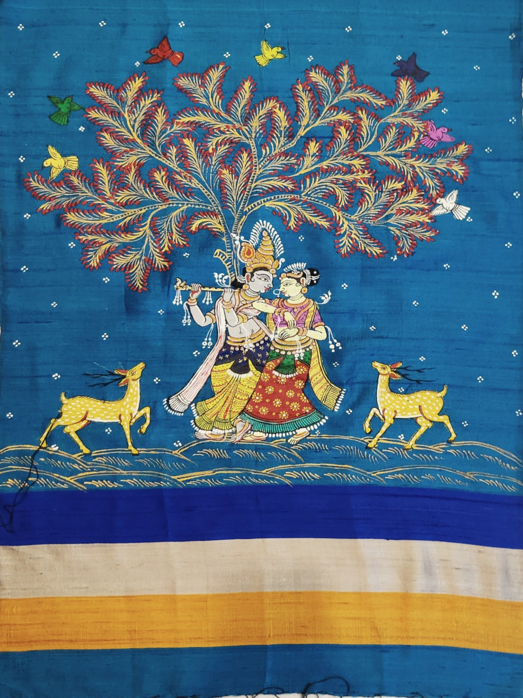 Blue Tussar Silk Stole with handpainted Pattachitra Motifs