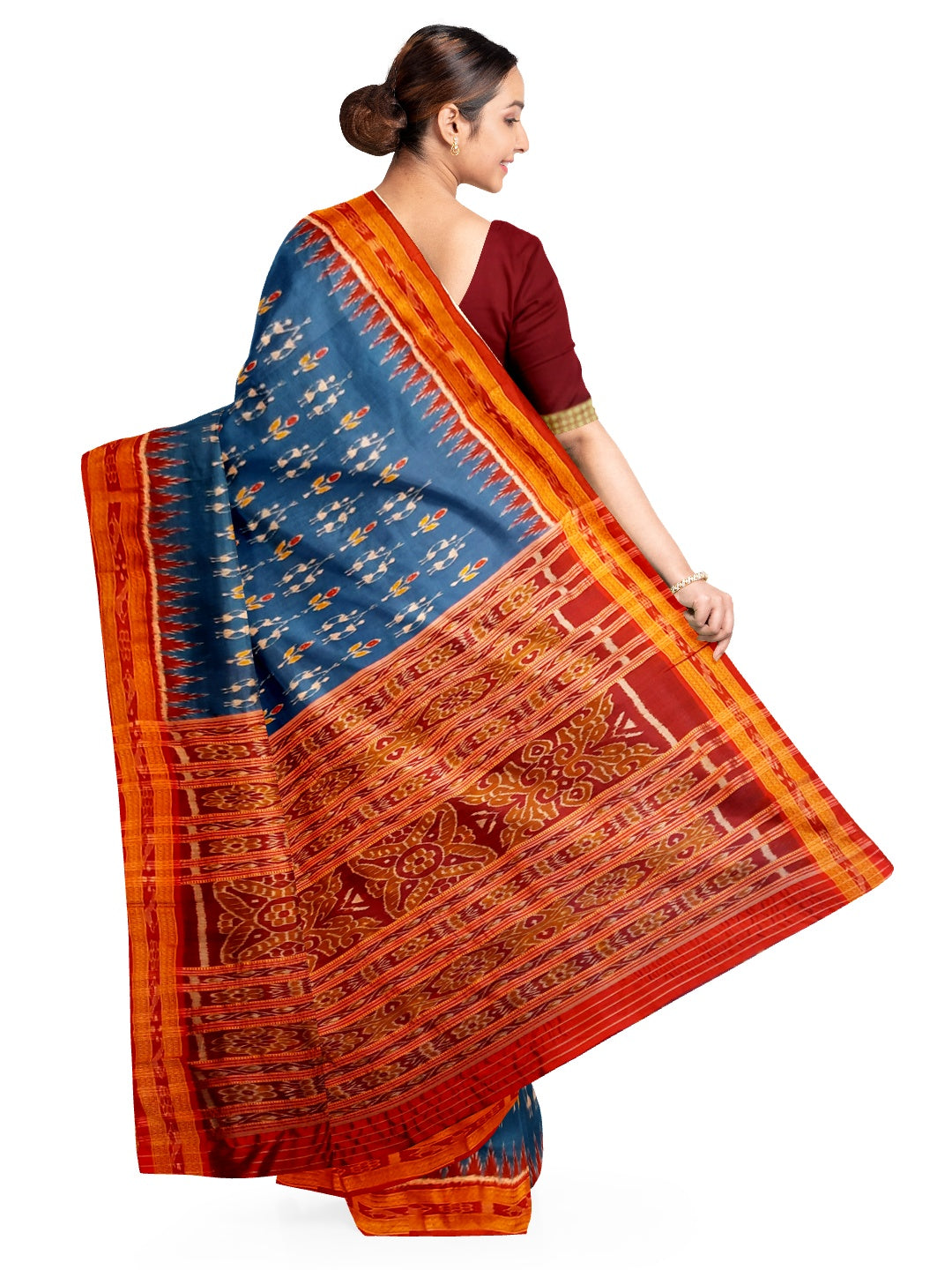 Blue Khandua Silk Saree with tribal motifs woven on body and matching blouse piece