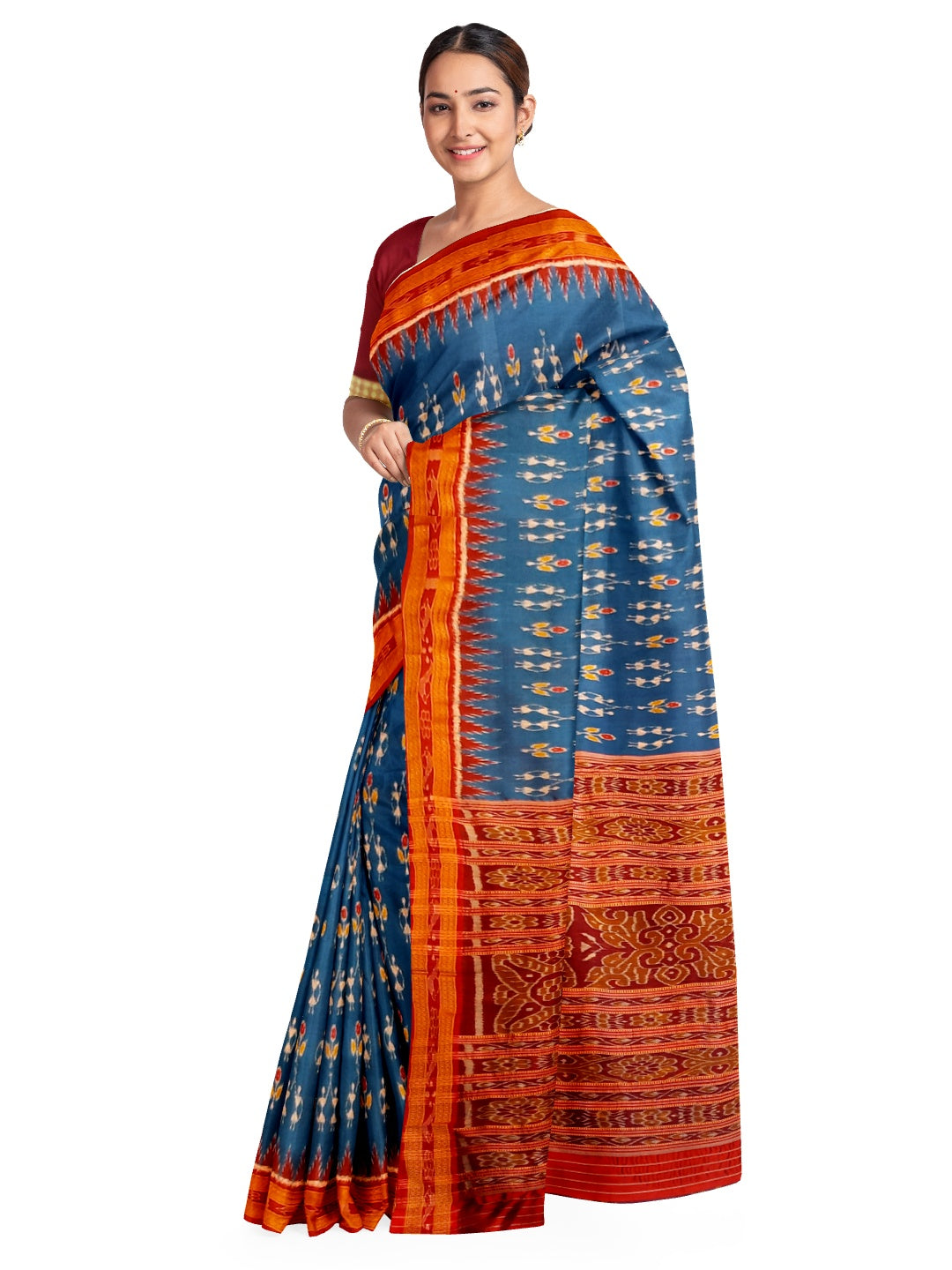 Blue Khandua Silk Saree with tribal motifs woven on body and matching blouse piece
