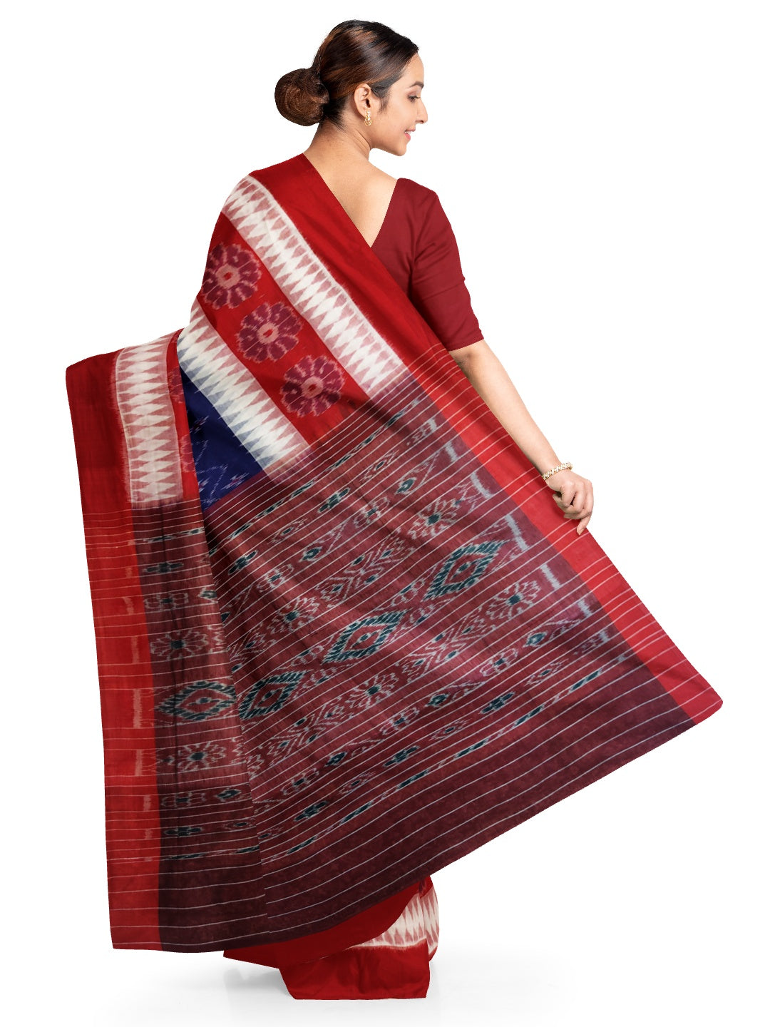 Blue white red Cotton Odisha Ikat saree