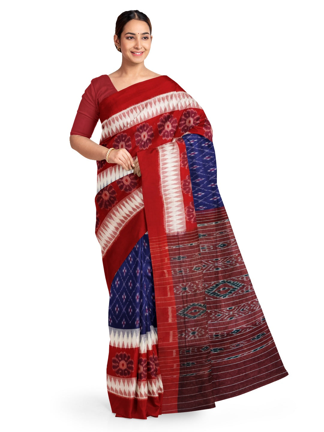 Blue white red Cotton Odisha Ikat saree