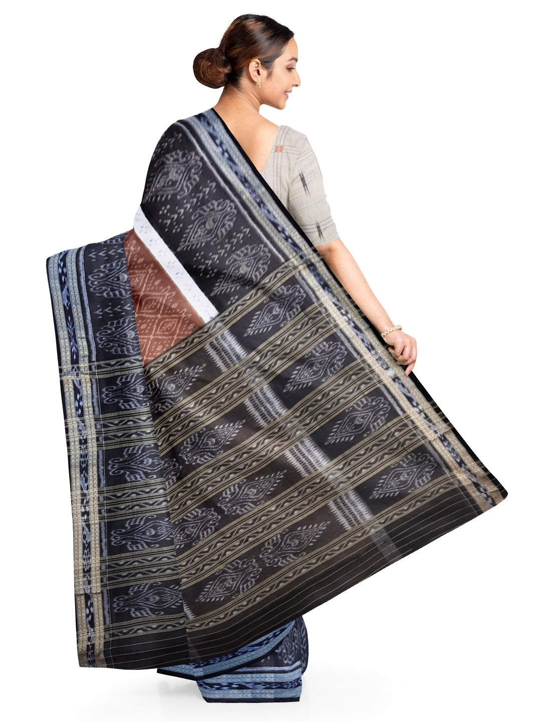 Brown Odisha Ikat saree with cotton Sambalpuri Ikat blouse