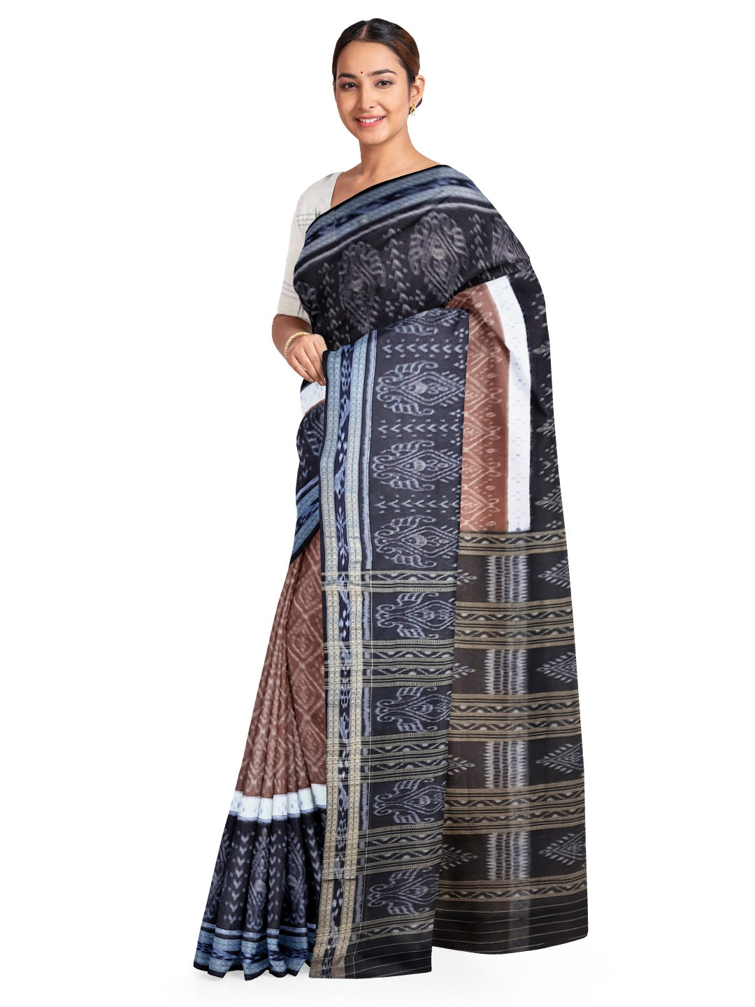 Brown Odisha Ikat saree with cotton Sambalpuri Ikat blouse
