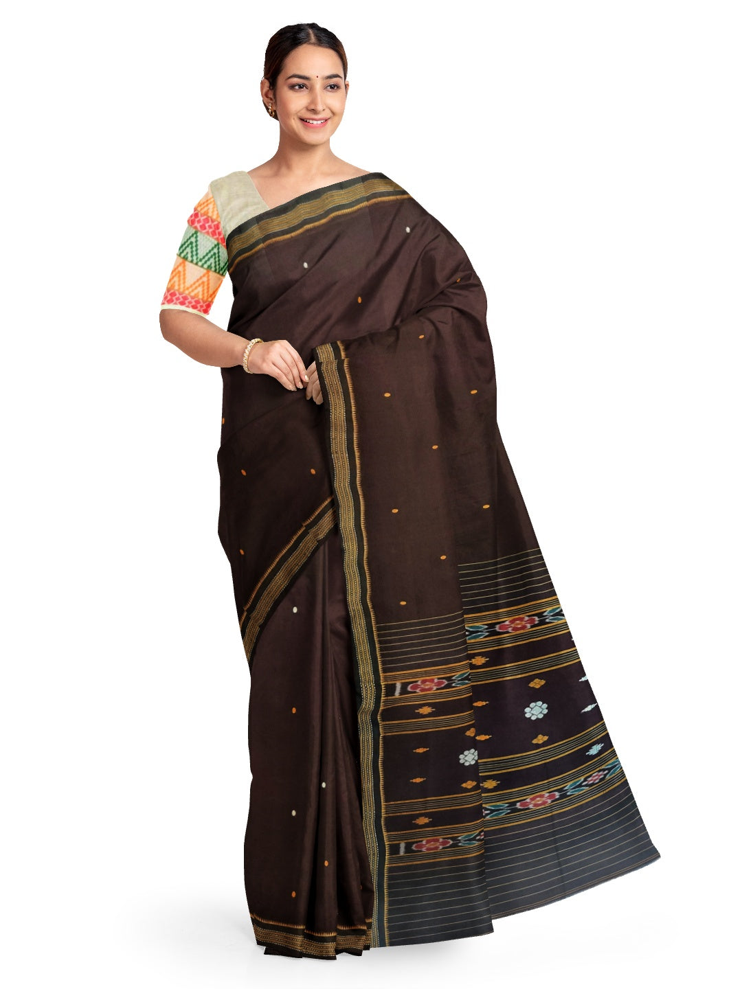 Brown Cotton ikat Saree with mix match khadi cotton blouse piece