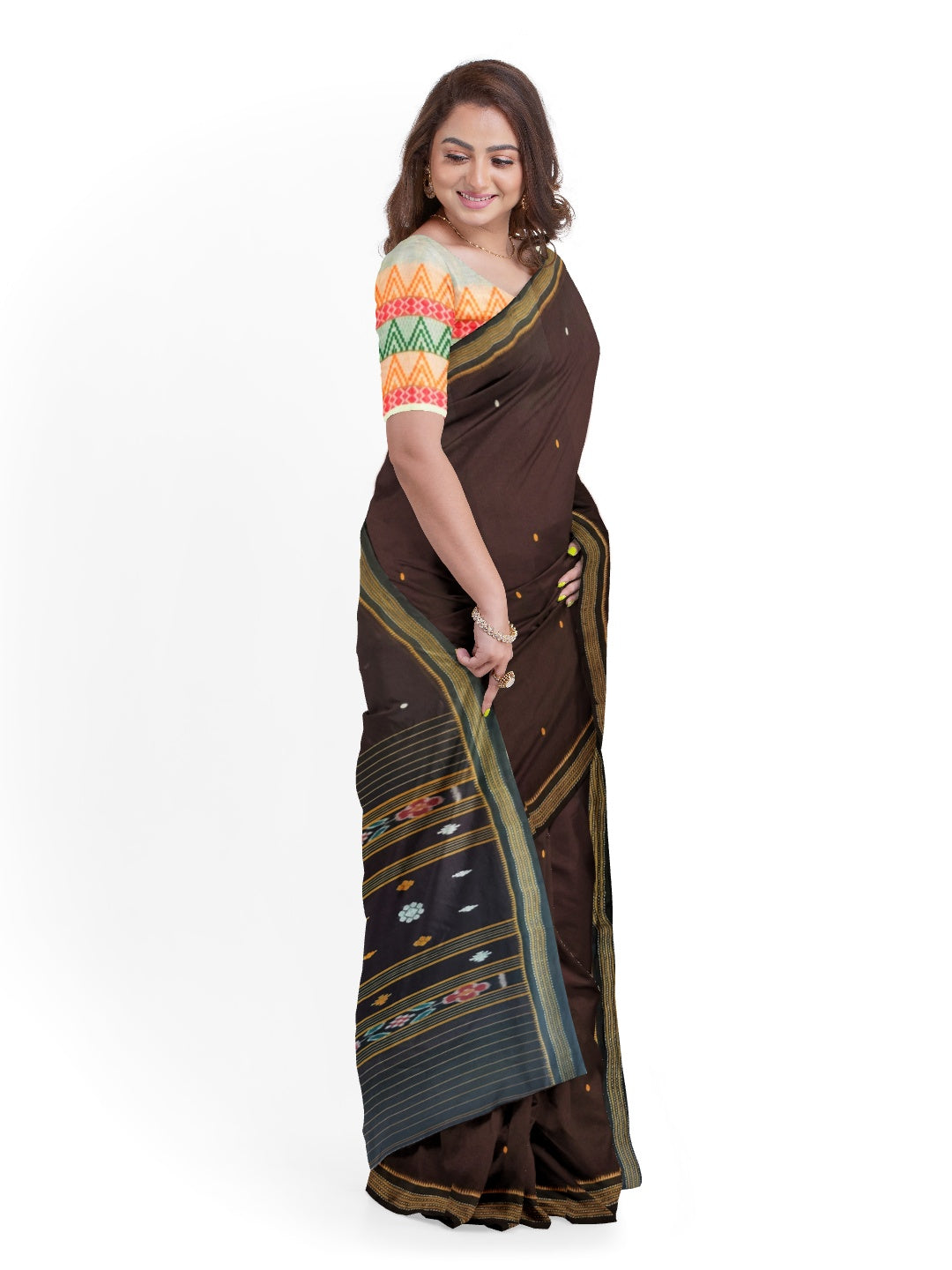 Brown Cotton ikat Saree with mix match khadi cotton blouse piece