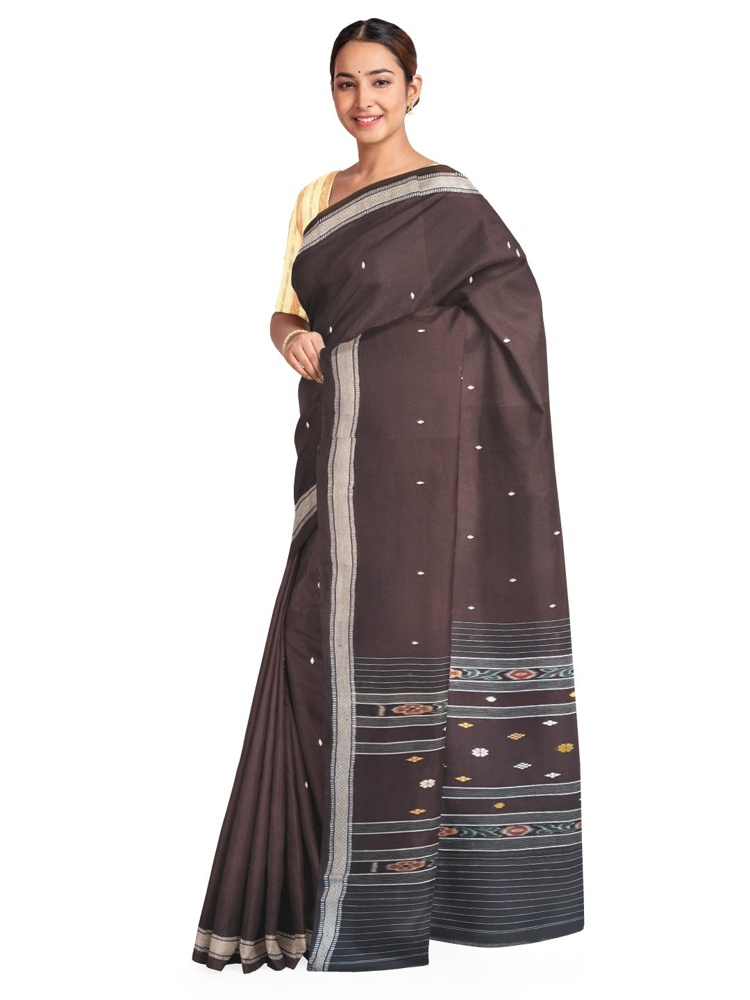 Brown Badabag Odisha Cotton Saree with Sambalpuri ikat blouse piece