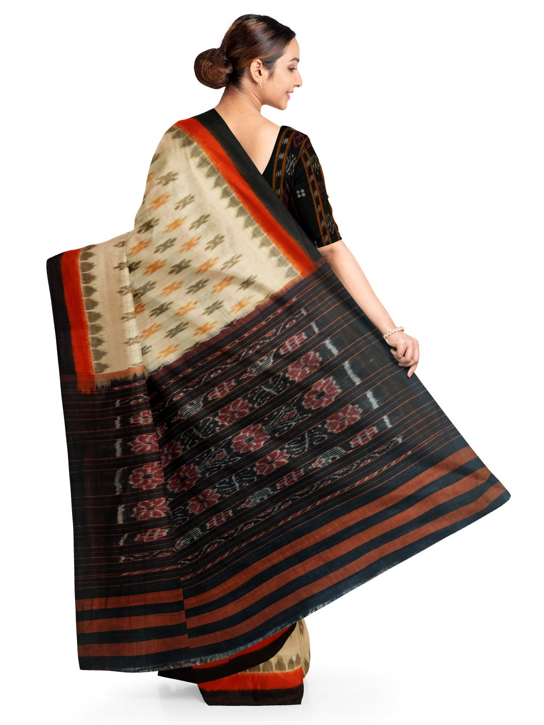 Beige Orange Black Cotton Odisha Ikat saree with sambalpuri ikat blouse piece