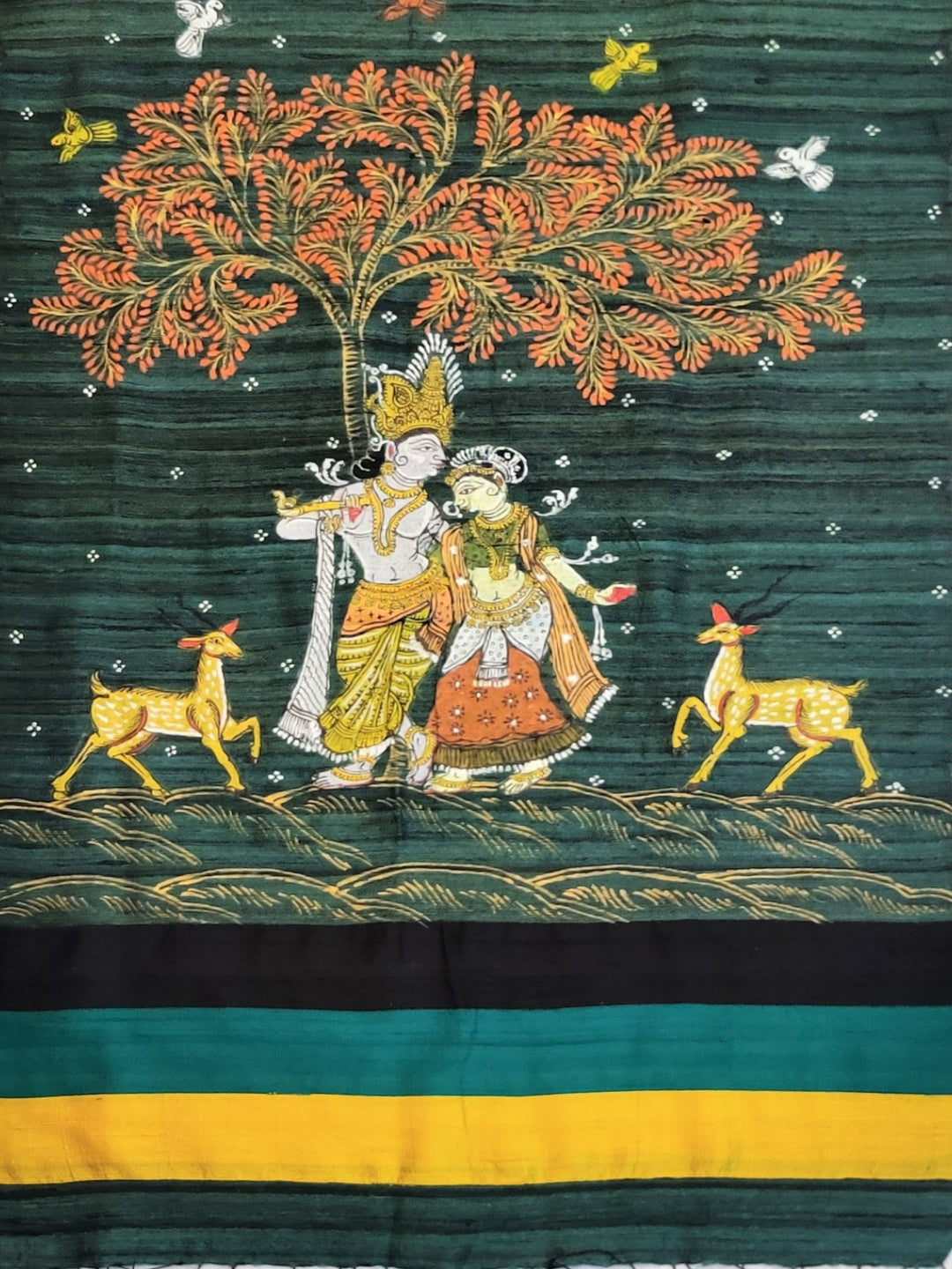 Green Tussar Silk Stole with handpainted Pattachitra Motifs