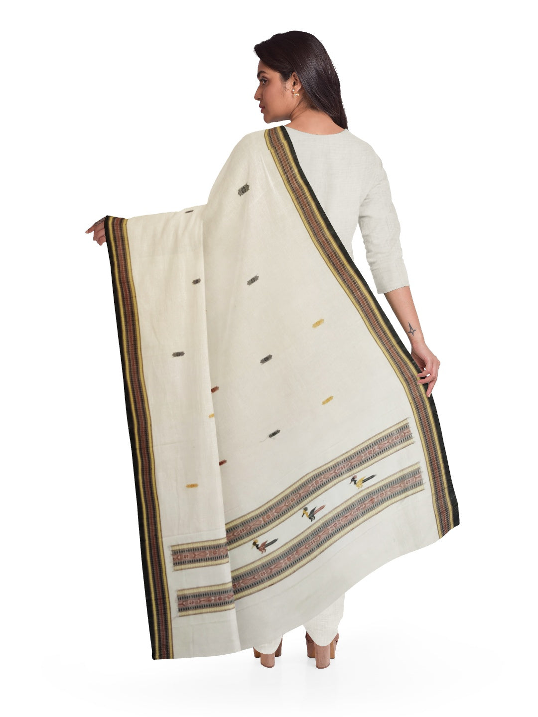 Off-white dongria Cotton Dupatta with geometric patterns