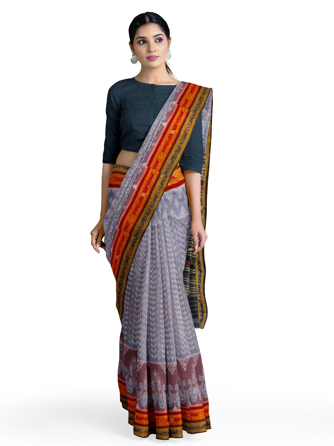 Grey Cotton Odisha ikat saree with double border