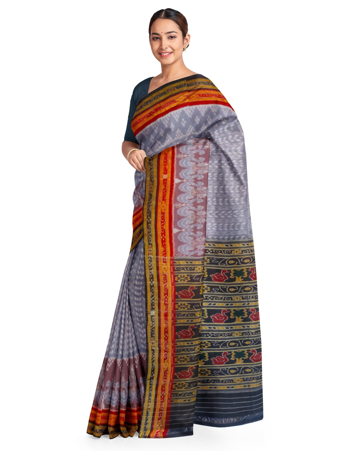 Grey Cotton Odisha ikat saree with double border