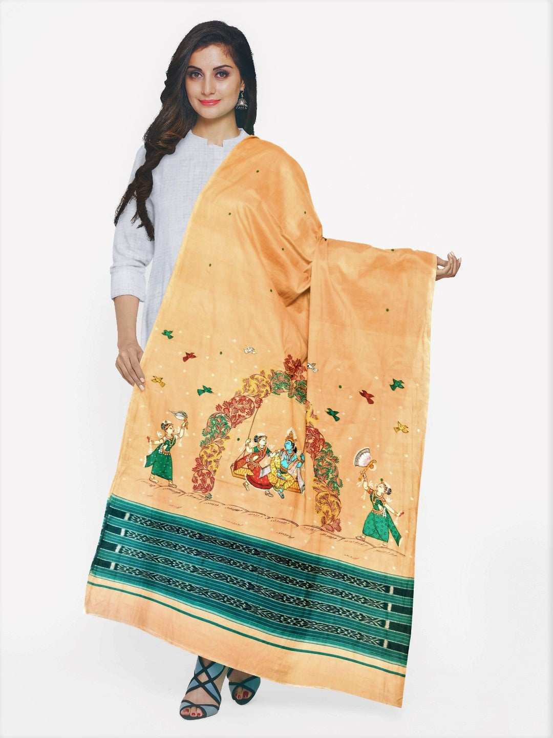 Beige Cotton Sambalpuri Dupatta with handpainted Pattachitra Motifs