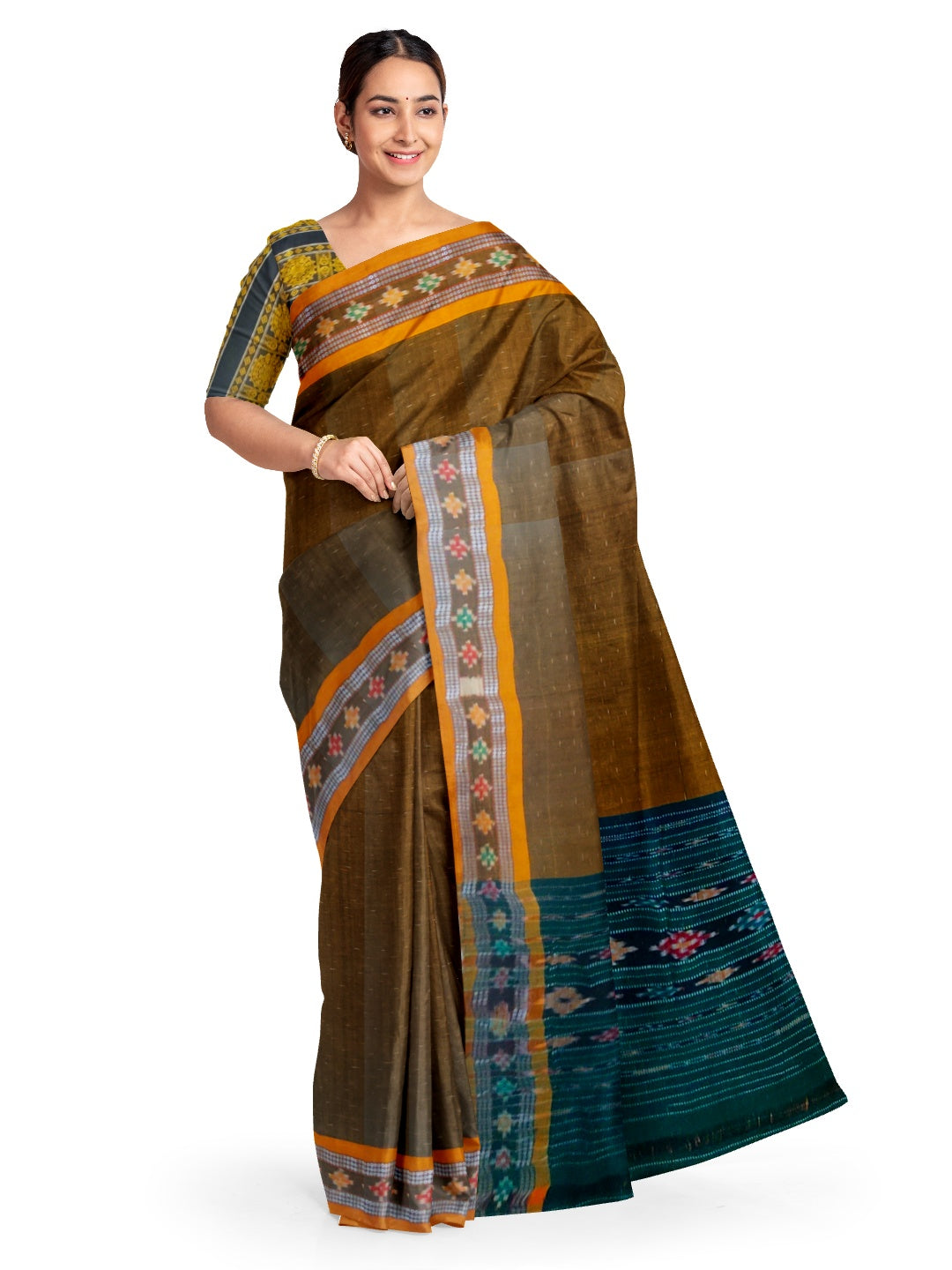 Mustard Brown Cotton Odisha Ikat Saree with Sambalpuri Ikat blouse Piece