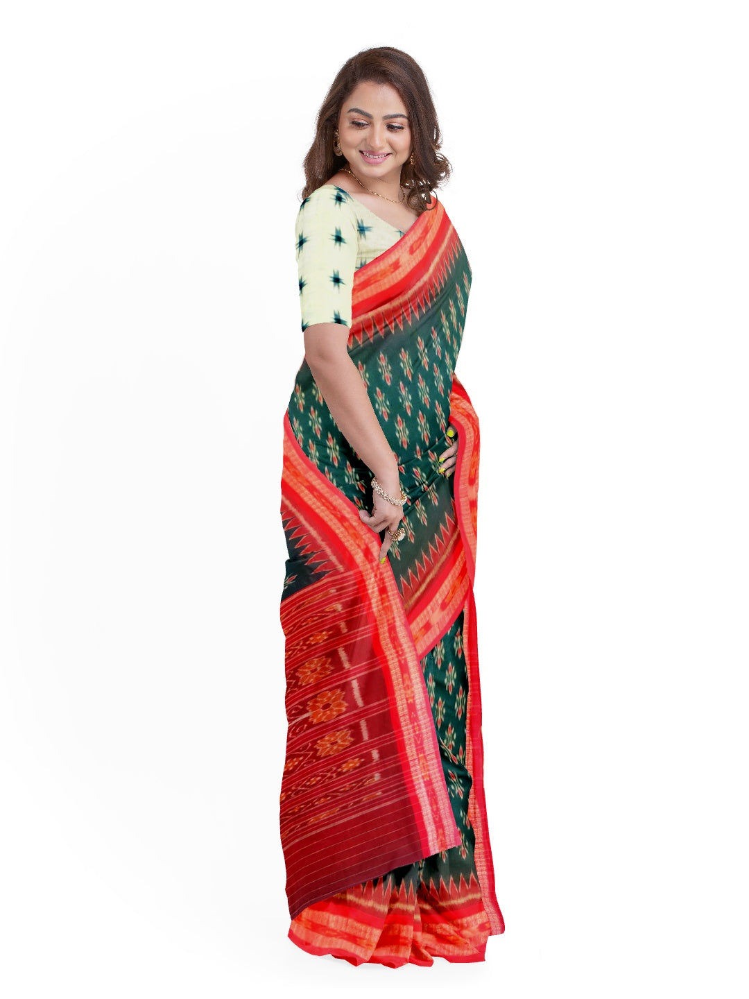 Green and Red Cotton Odisha Ikat saree with sambalpuri ikat blouse piece