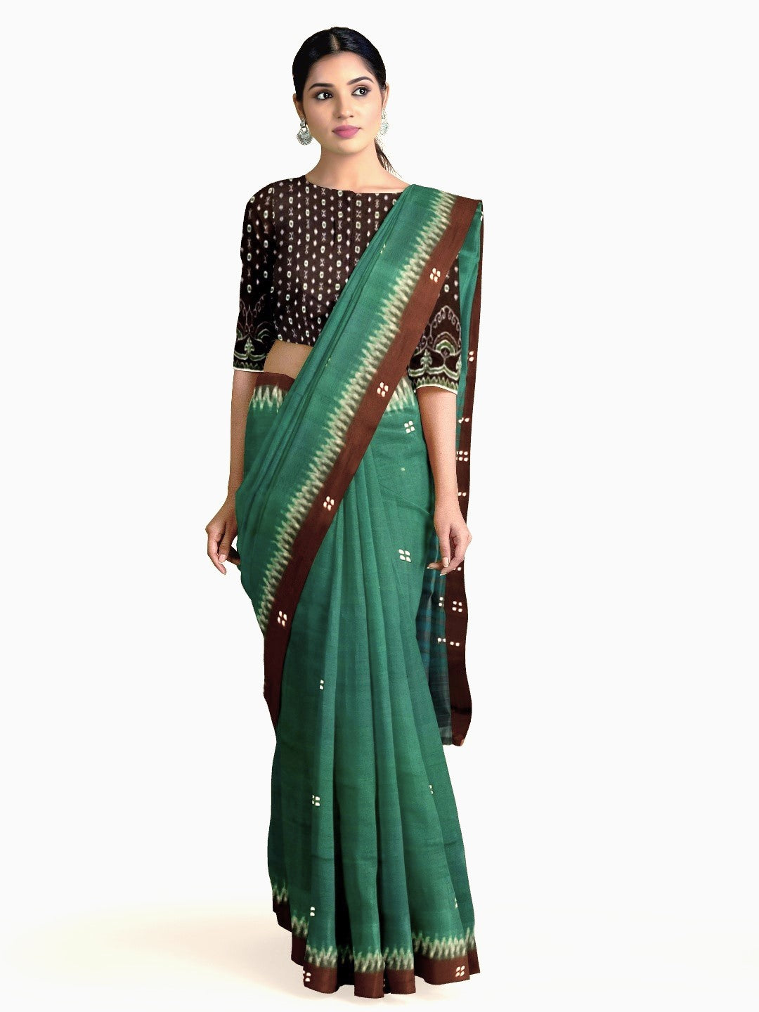 Green & Black Sambalpuri Cotton Saree with Sambalpuri ikat blouse piece