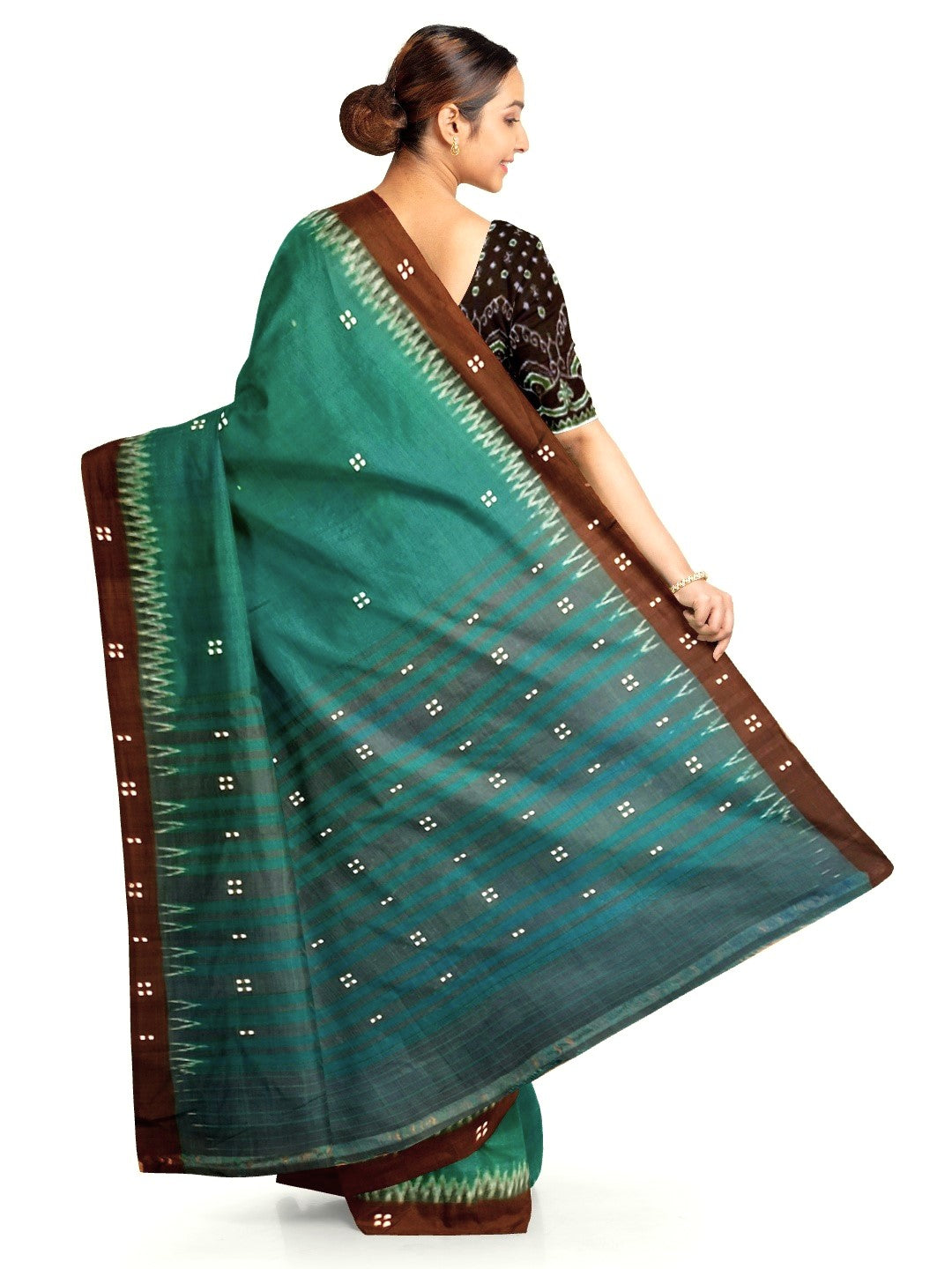 Green & Black Sambalpuri Cotton Saree with Sambalpuri ikat blouse piece