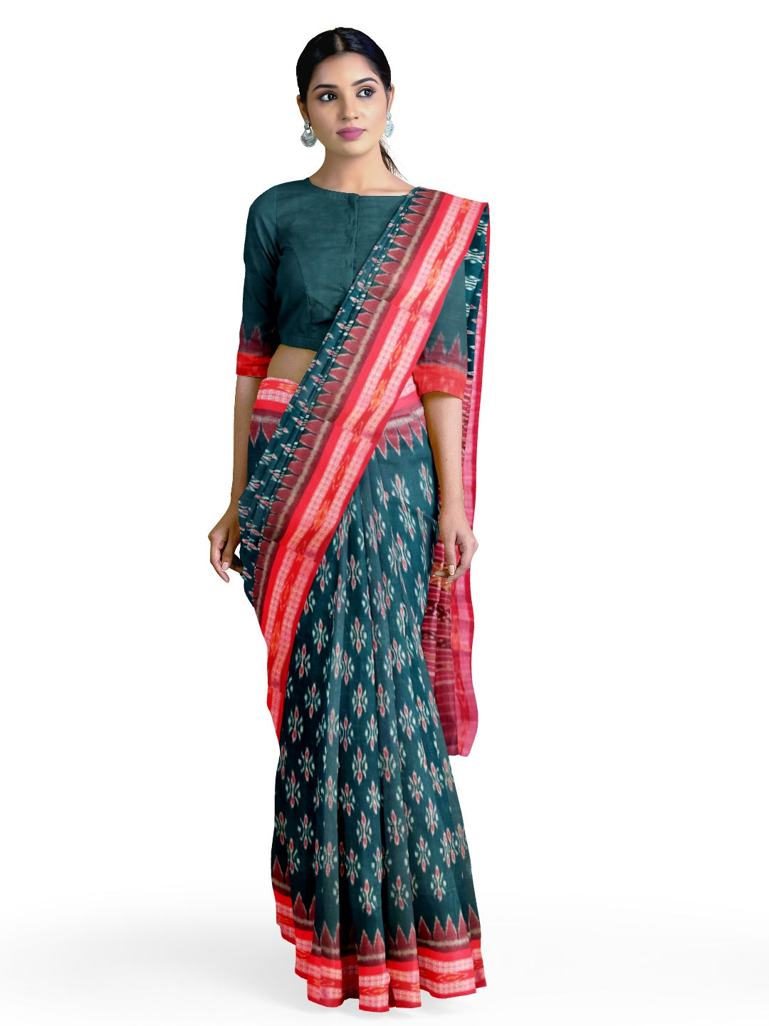 Green and Red Cotton Odisha Ikat saree with sambalpuri ikat blouse piece