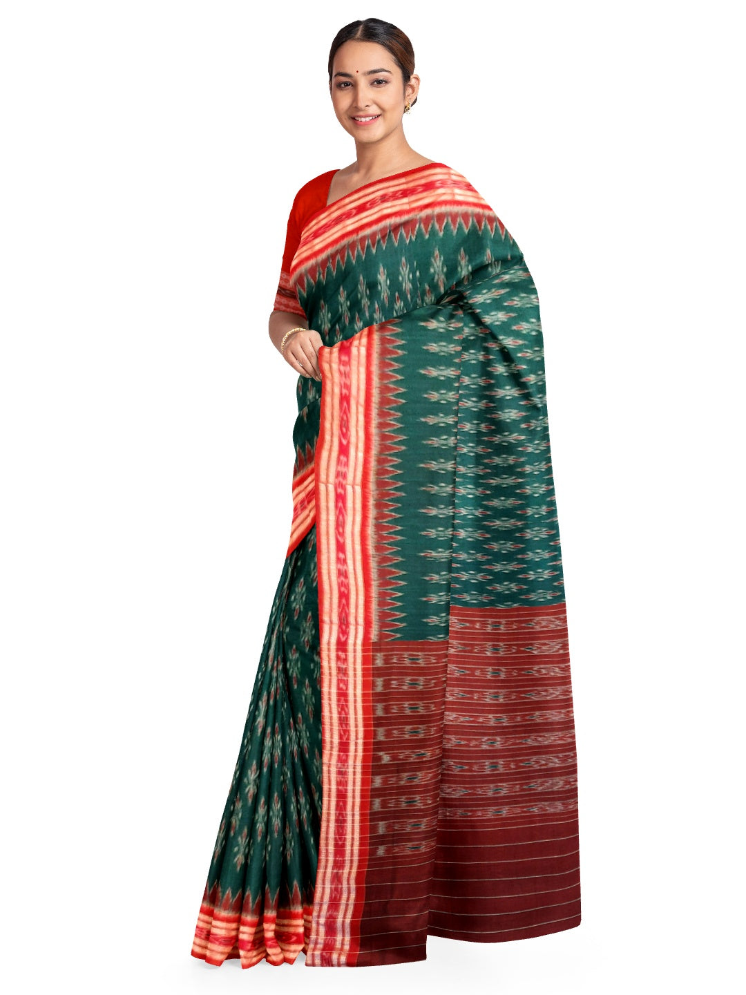 Green Odisha Ikat saree with cotton Sambalpuri Ikat blouse
