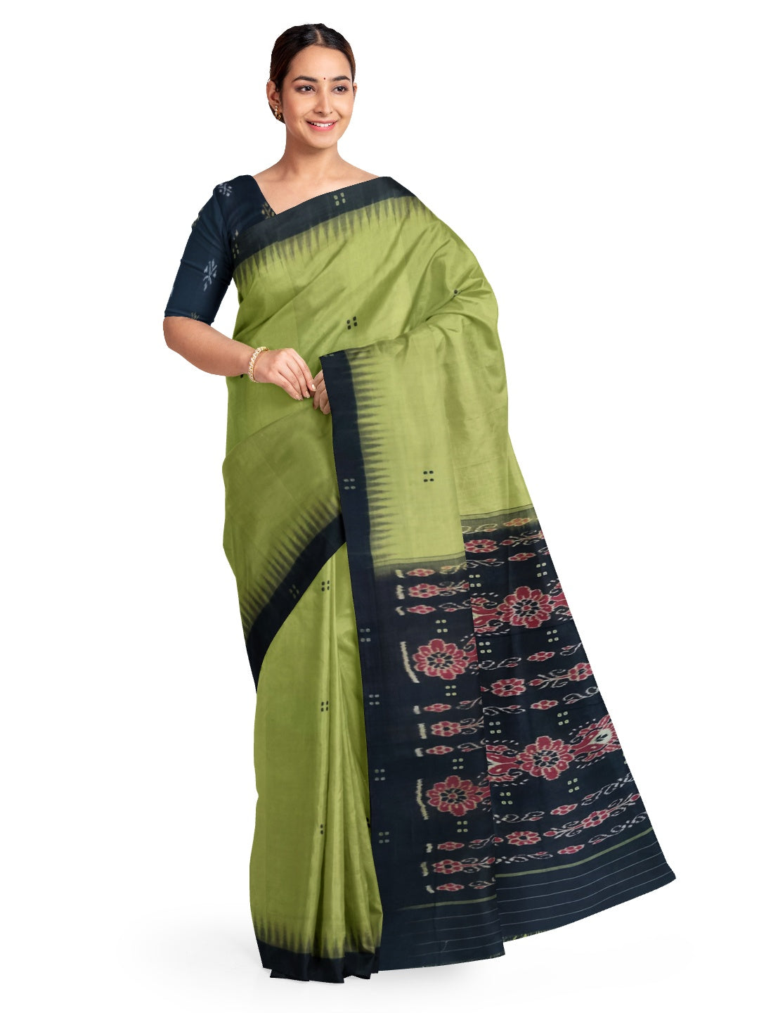 OliveGreen Cotton Odisha Ikat saree with sambalpuri ikat blouse piece