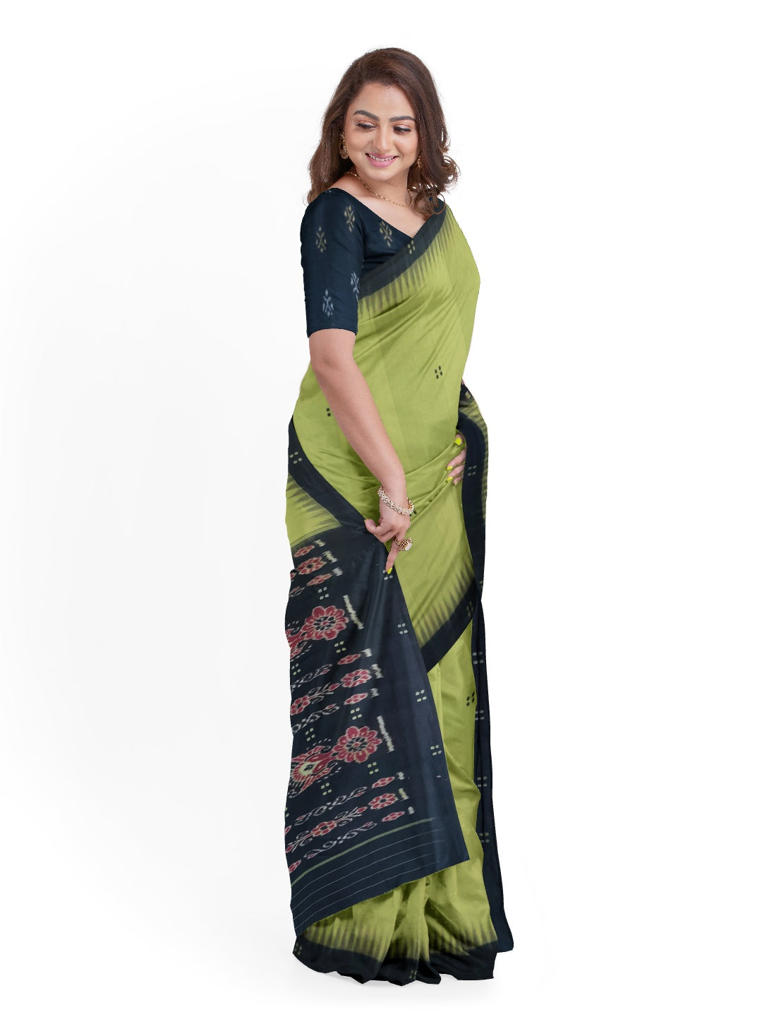 OliveGreen Cotton Odisha Ikat saree with sambalpuri ikat blouse piece