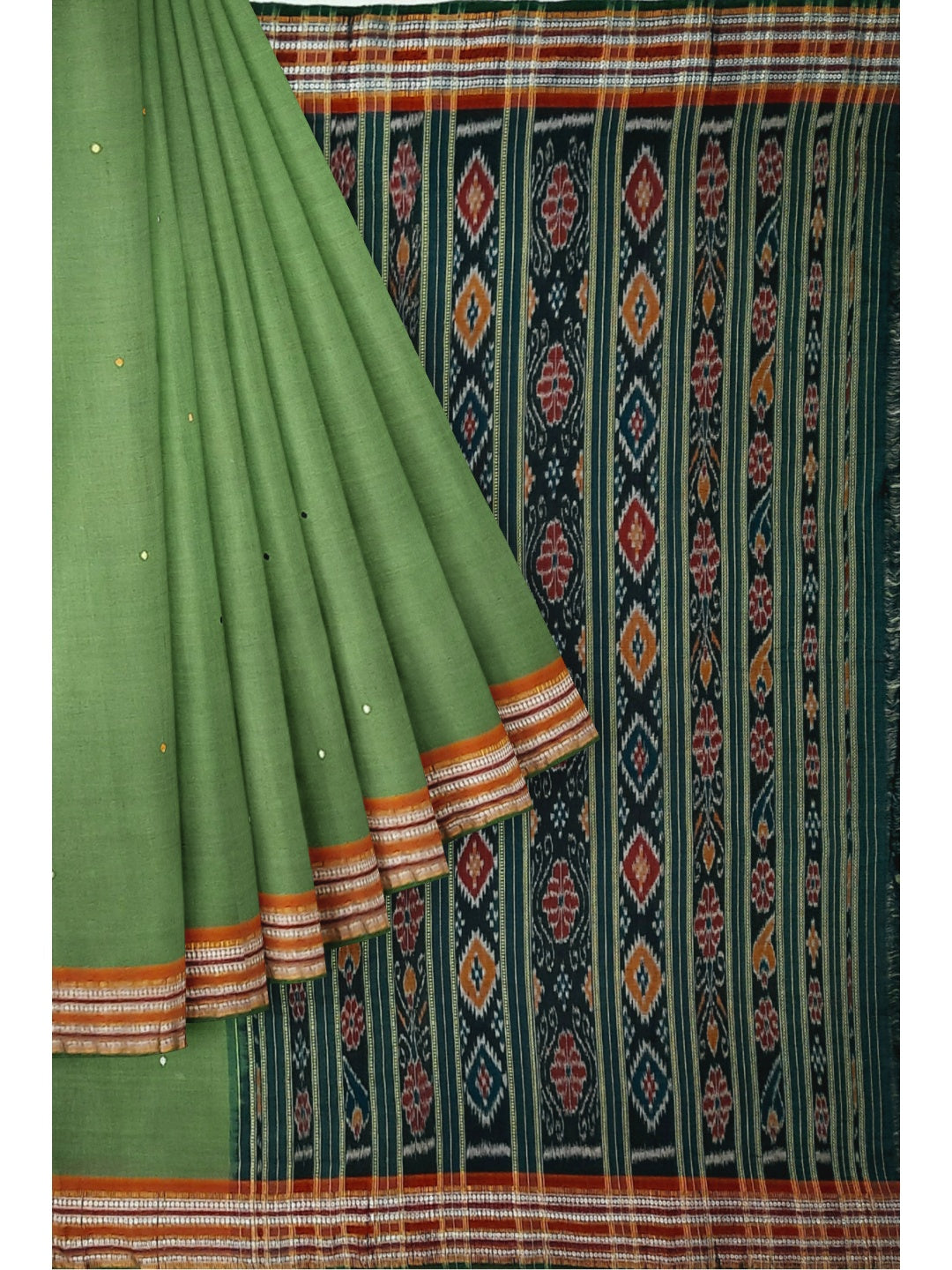 Green Cotton ikat Saree with mix match Sambalpuri Ikat Blouse piece