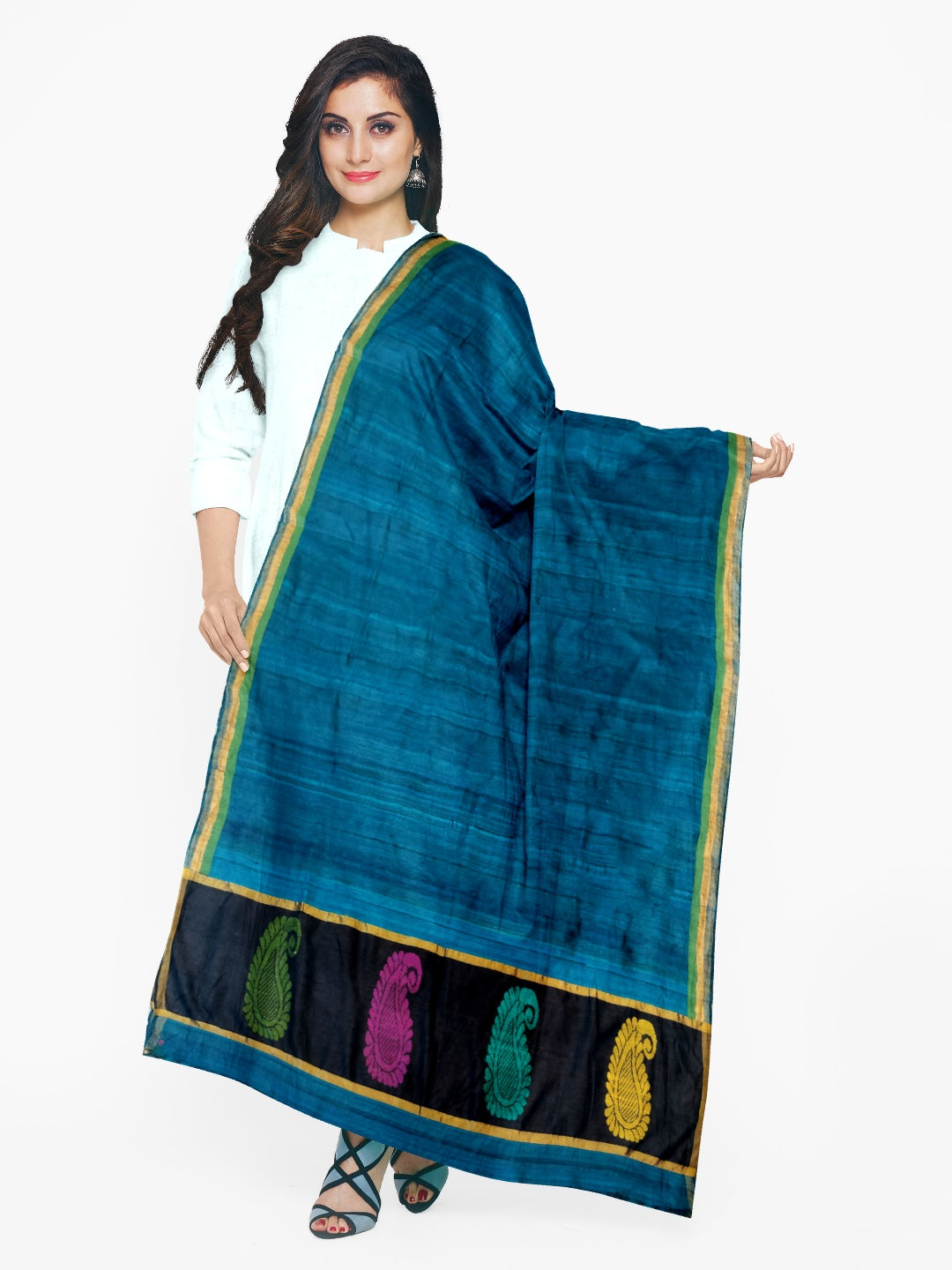 Green Tussar Ghicha Silk Dupatta with woven motifs