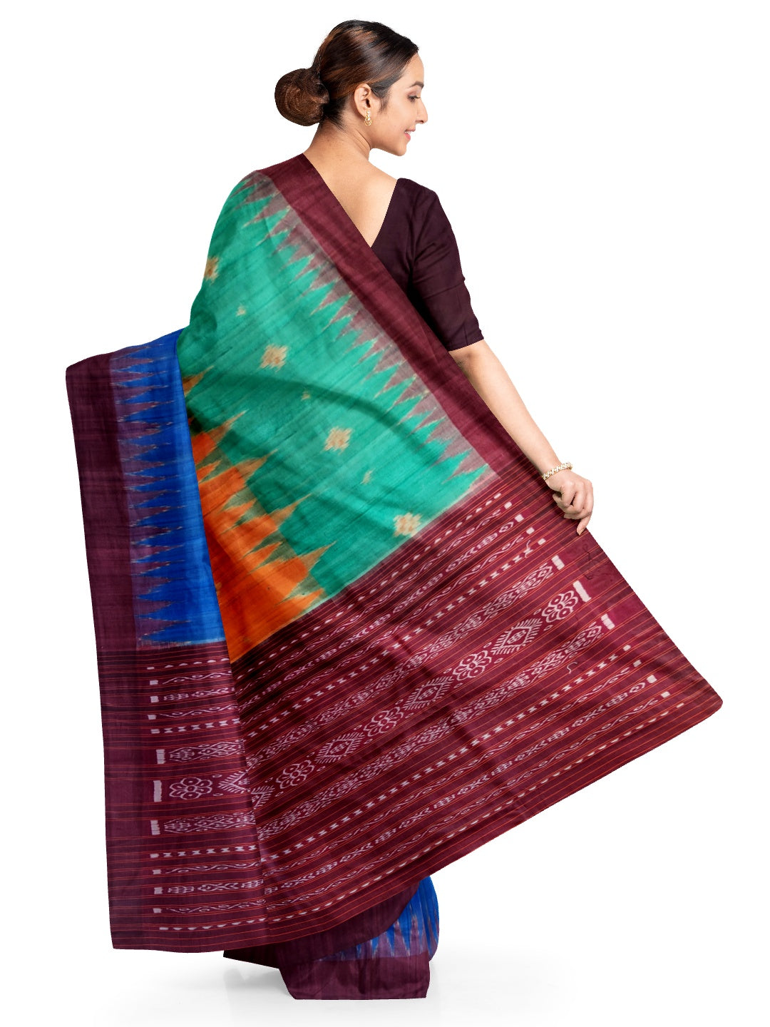 Multi coloured Tussar Silk Saree with sambalpuri ikat anchal and running blouse piece