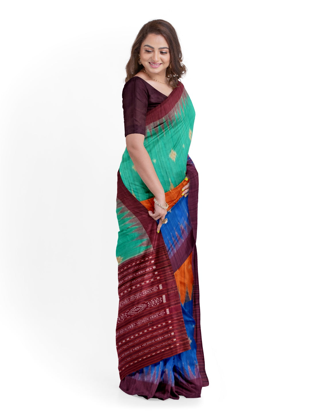 Multi coloured Tussar Silk Saree with sambalpuri ikat anchal and running blouse piece