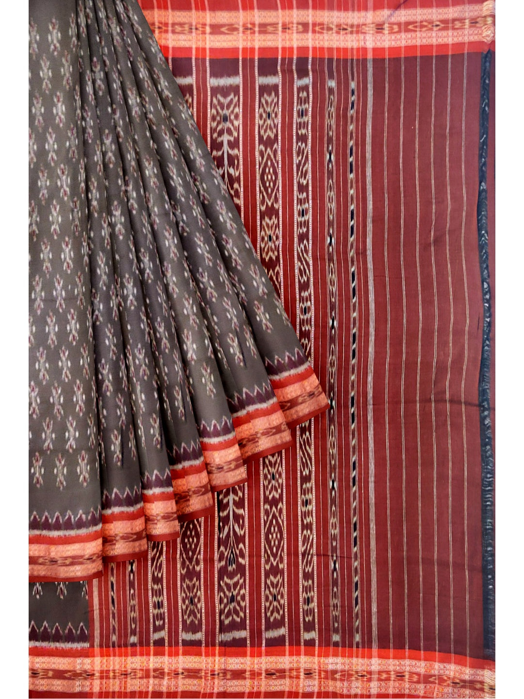 Grey Cotton Odisha Ikat saree with sambalpuri ikat blouse piece