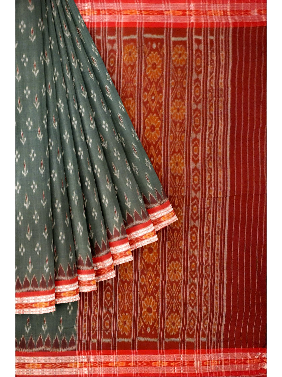 Grey Odisha Ikat Cotton Saree with cotton Sambalpuri ikat blouse piece