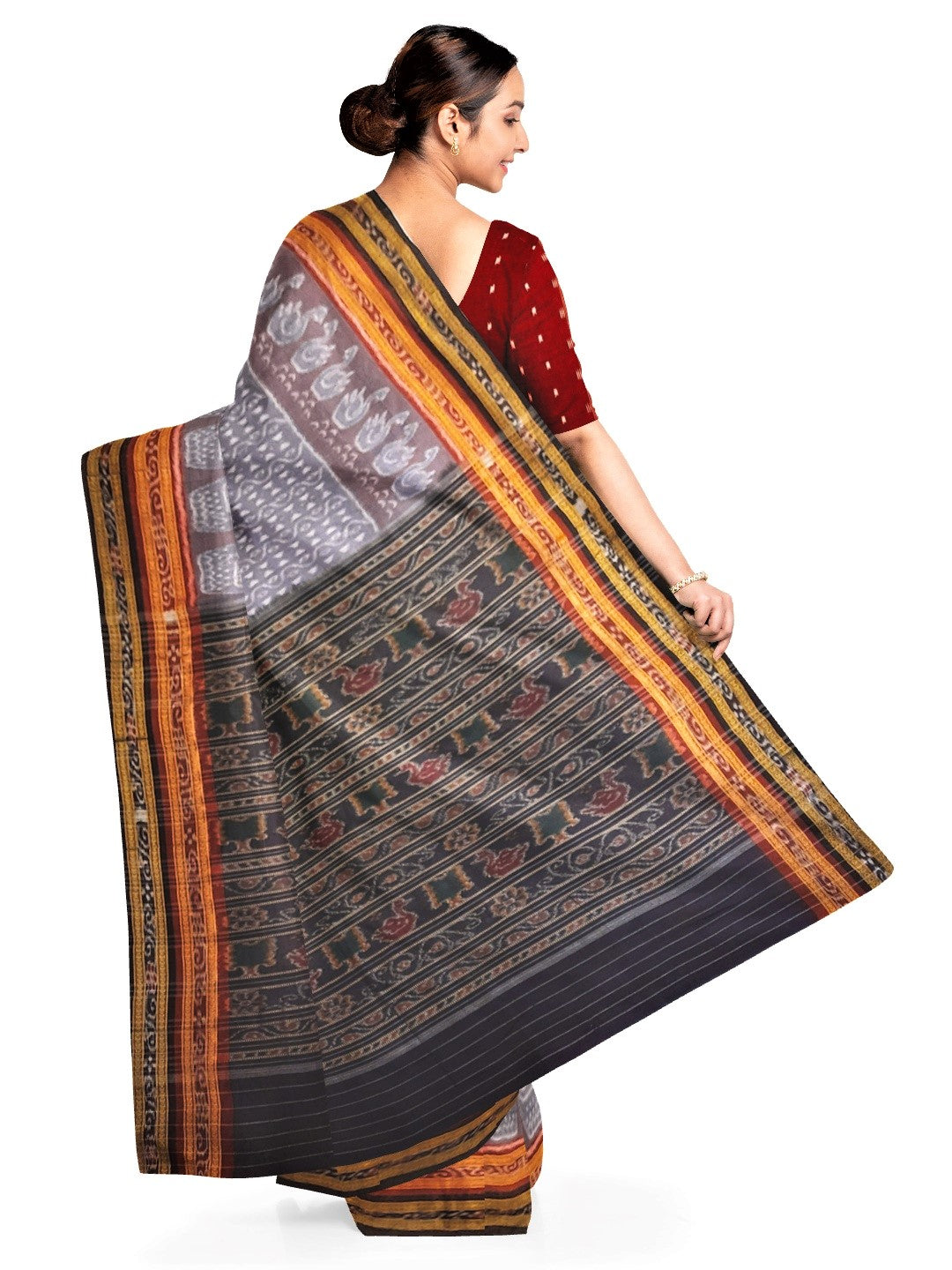 Grey double border Cotton Odisha Ikat saree with sambalpuri ikat blouse piece