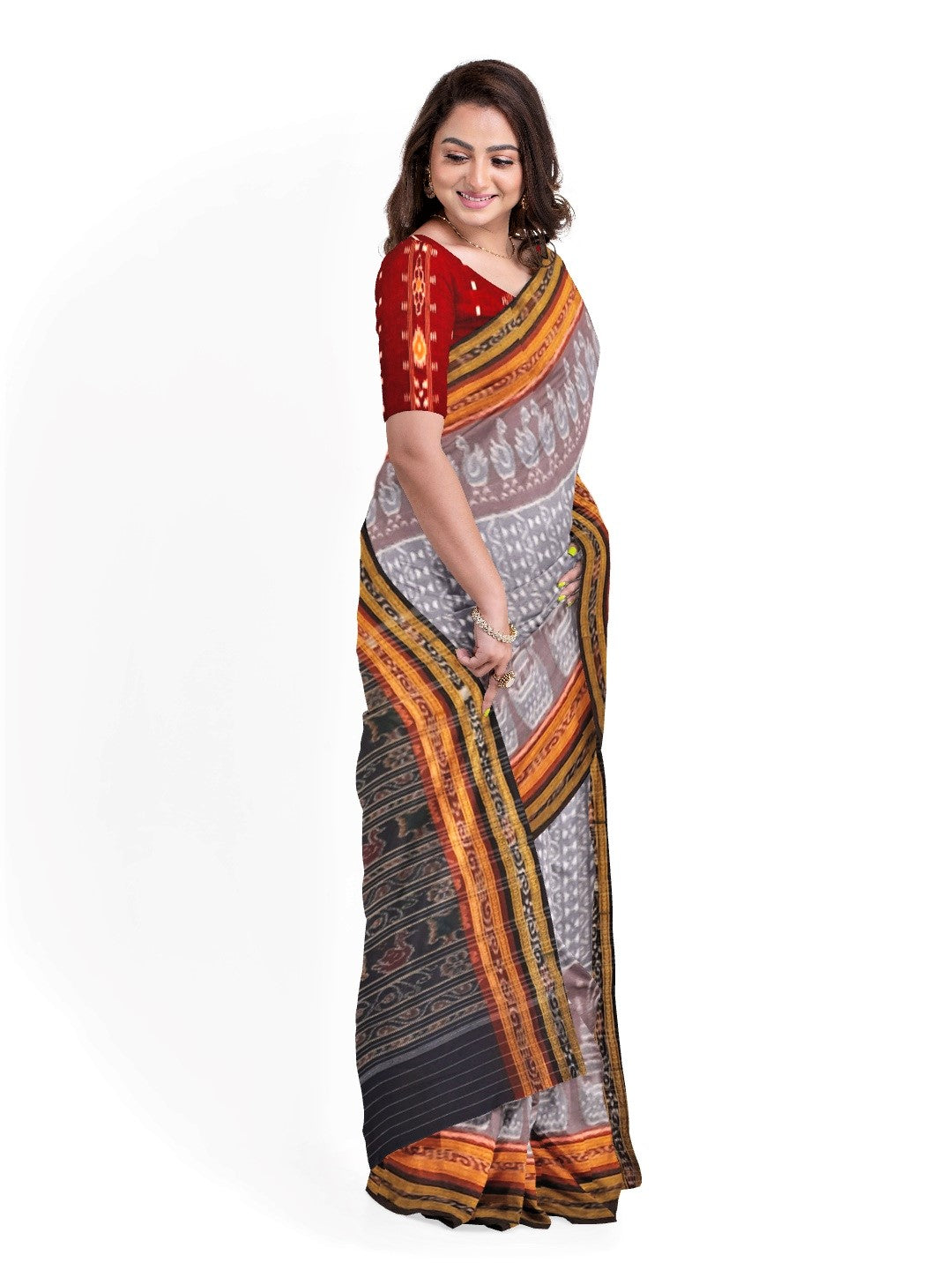 Grey double border Cotton Odisha Ikat saree with sambalpuri ikat blouse piece