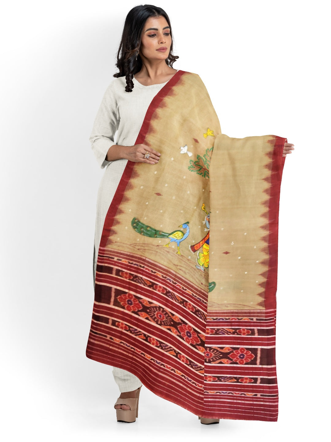 Beige Tussar Silk sambalpuri Dupatta with handpainted Pattachitra art