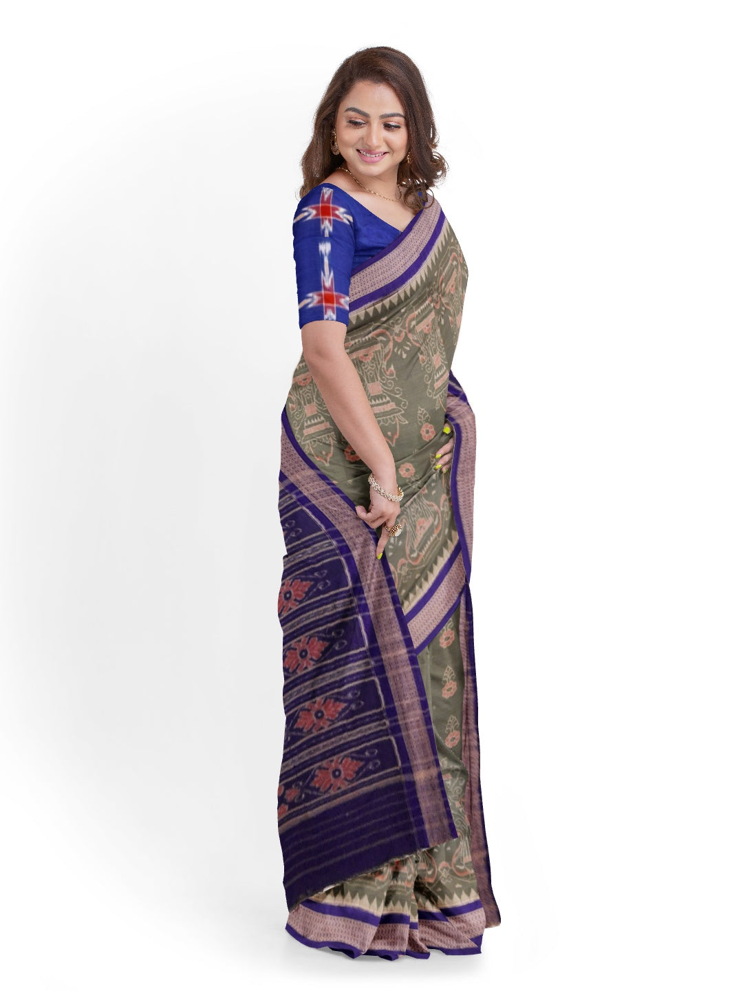 Grey and Blue cotton Sambalpuri Ikat Saree with matching ikat cotton blouse piece