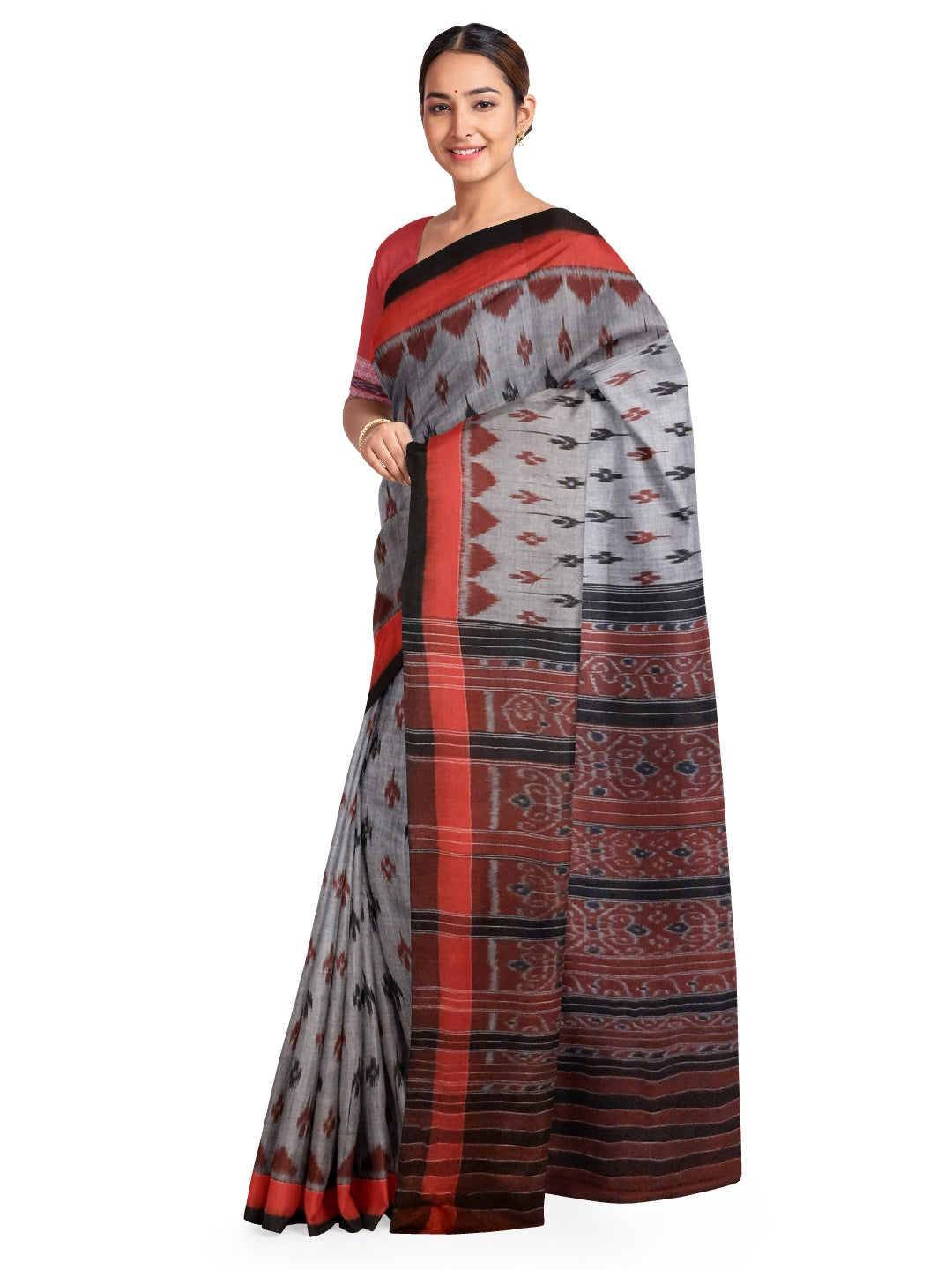 Grey Odisha Ikat saree with cotton Sambalpuri Ikat blouse