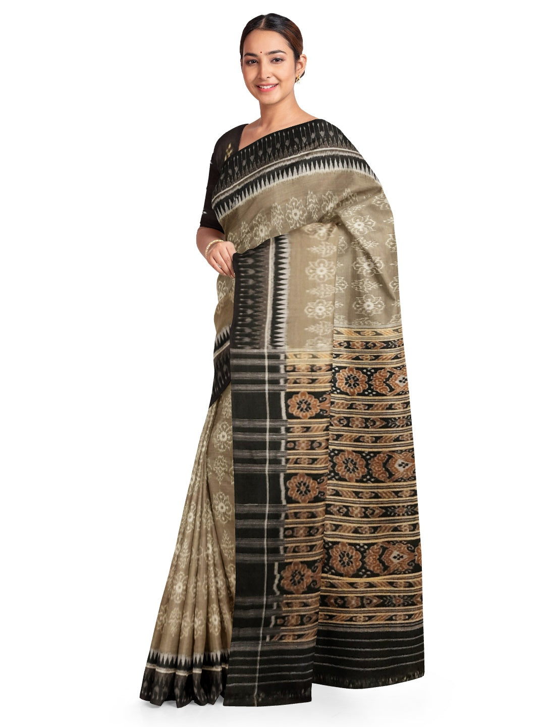 Grey & Black Cotton Sambalpuri Ikat Saree with Sambalpuri ikat cotton blouse piece