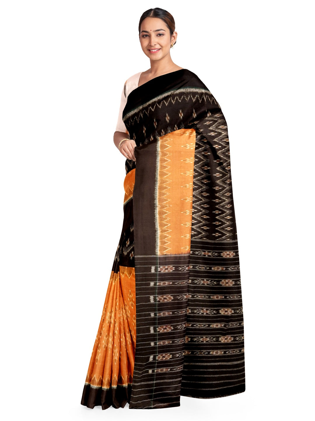 Rust and Black half half Cotton Odisha Ikat saree with sambalpuri ikat blouse piece