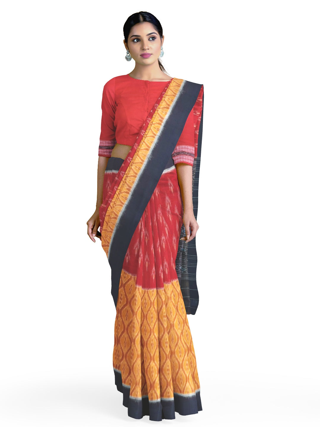 Yellow Red half half Odisha Ikat saree with cotton Sambalpuri Ikat blouse