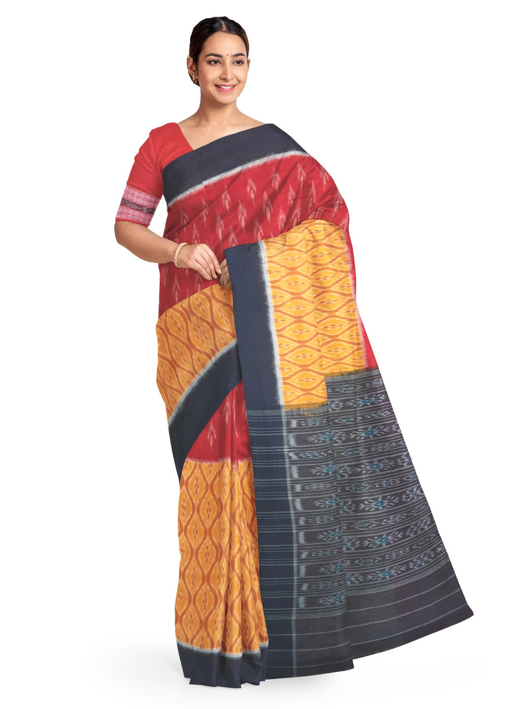 Yellow Red half half Odisha Ikat saree with cotton Sambalpuri Ikat blouse
